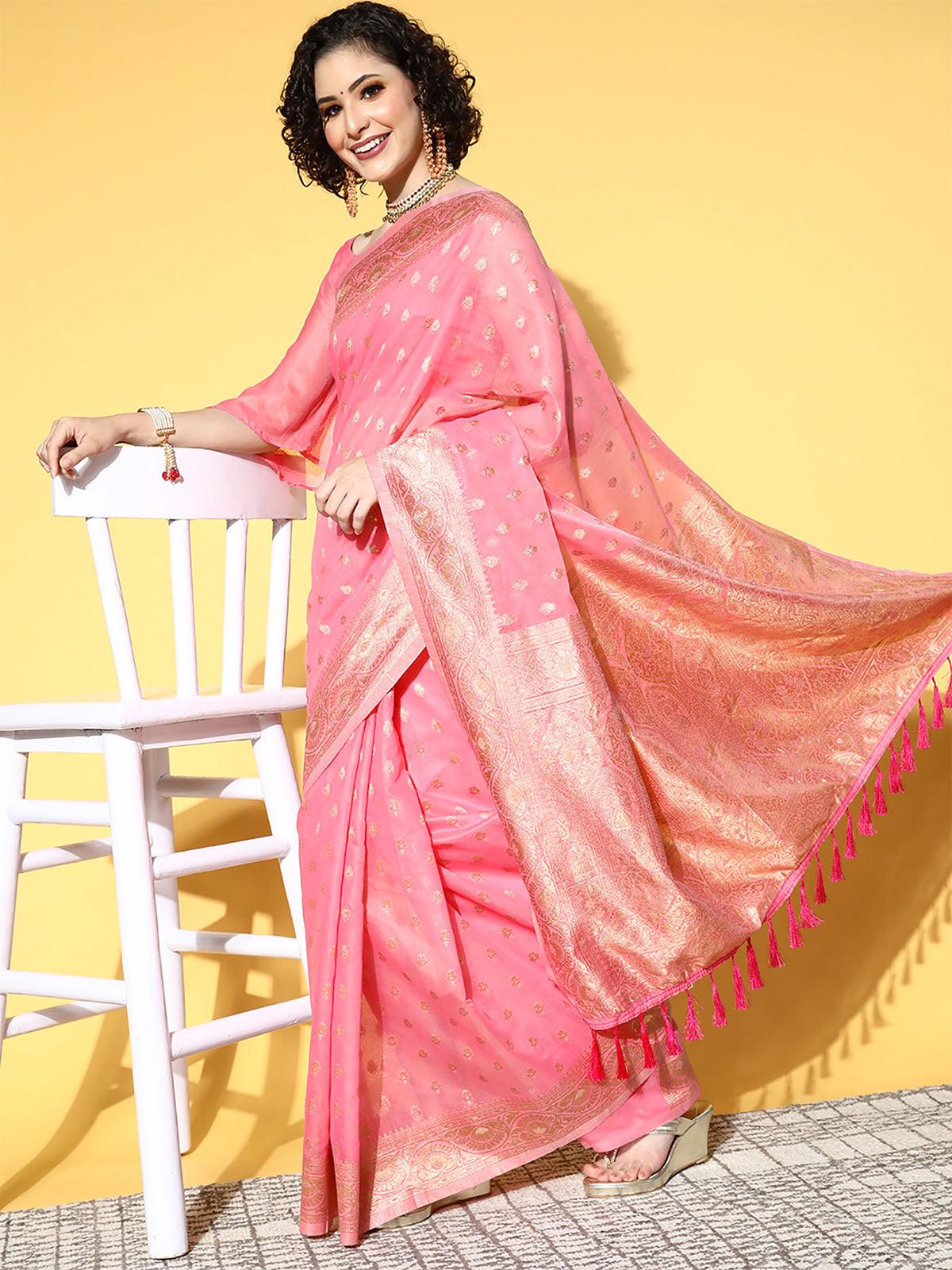 Women's Cotton Blend Pink Woven Design Saree With Blouse Piece - Odette