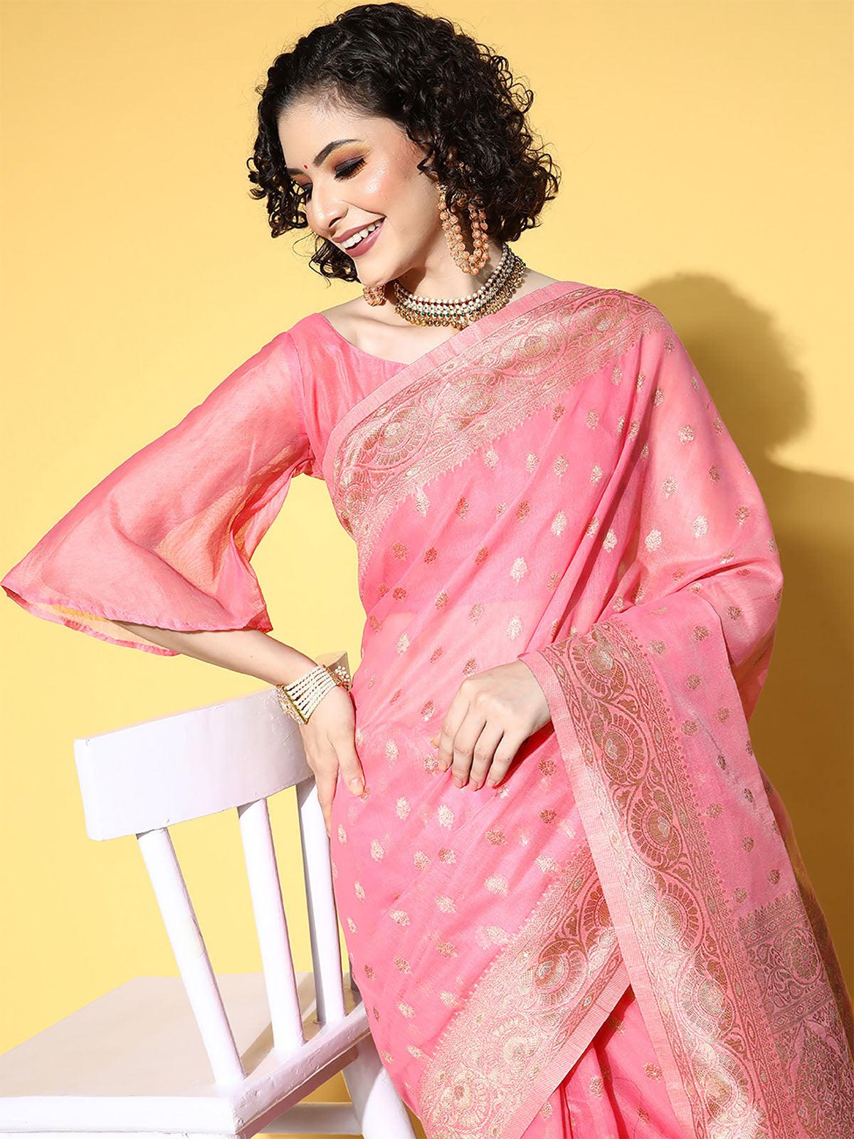 Women's Cotton Blend Pink Woven Design Saree With Blouse Piece - Odette