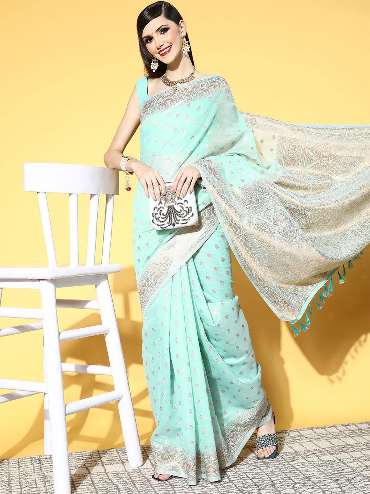 Women's Cotton Blend Turquoise Woven Design Saree With Blouse Piece - Odette