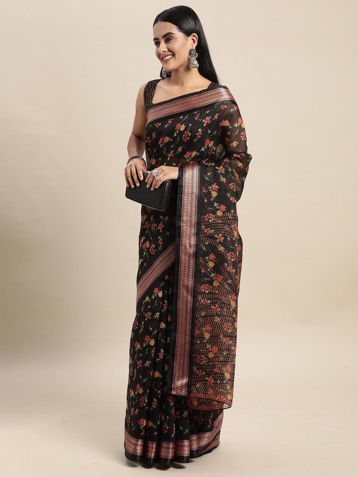 Women's Cotton Silk Black Printed Saree With Blouse Piece - Odette