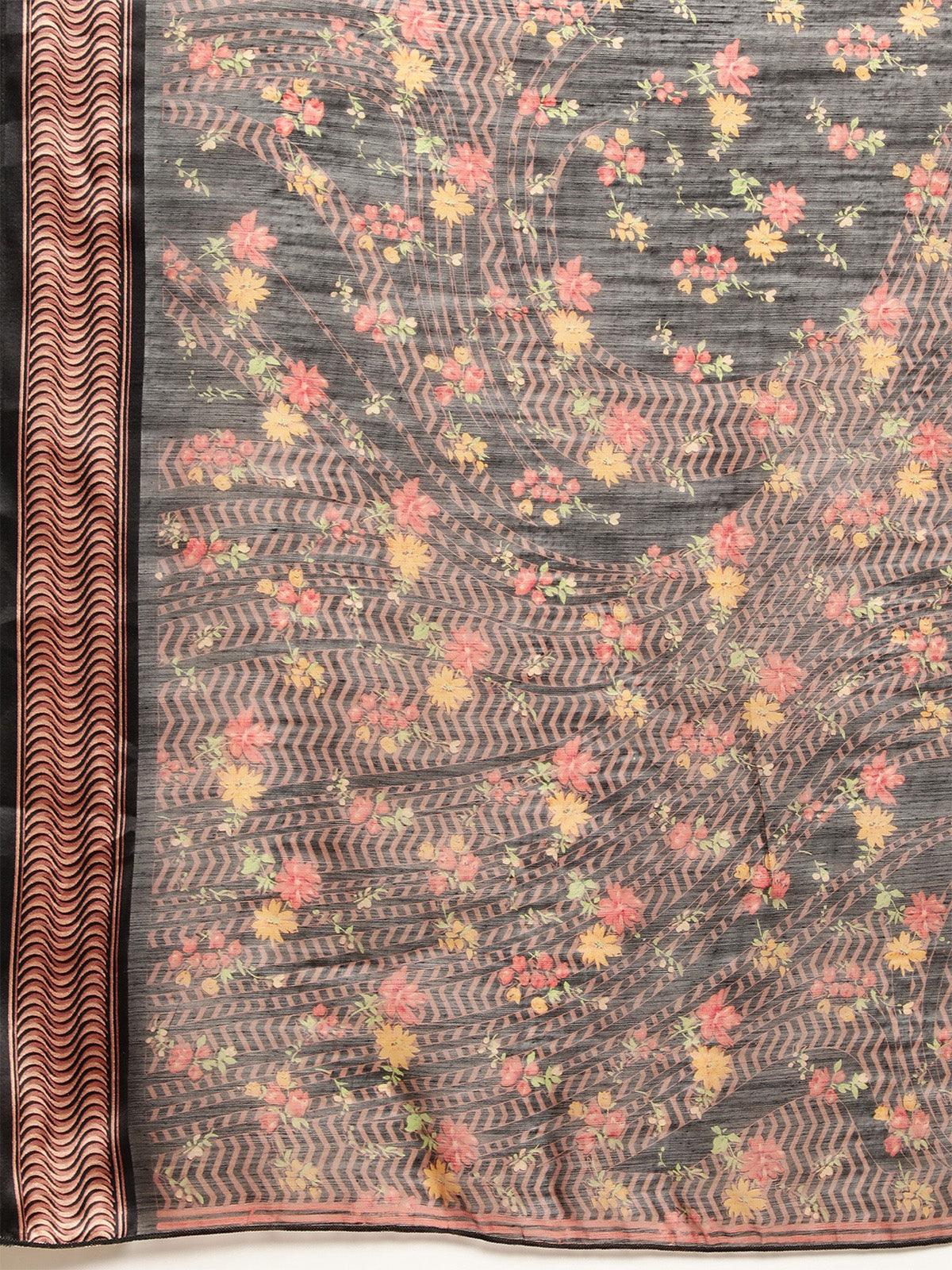 Women's Cotton Silk Black Printed Saree With Blouse Piece - Odette