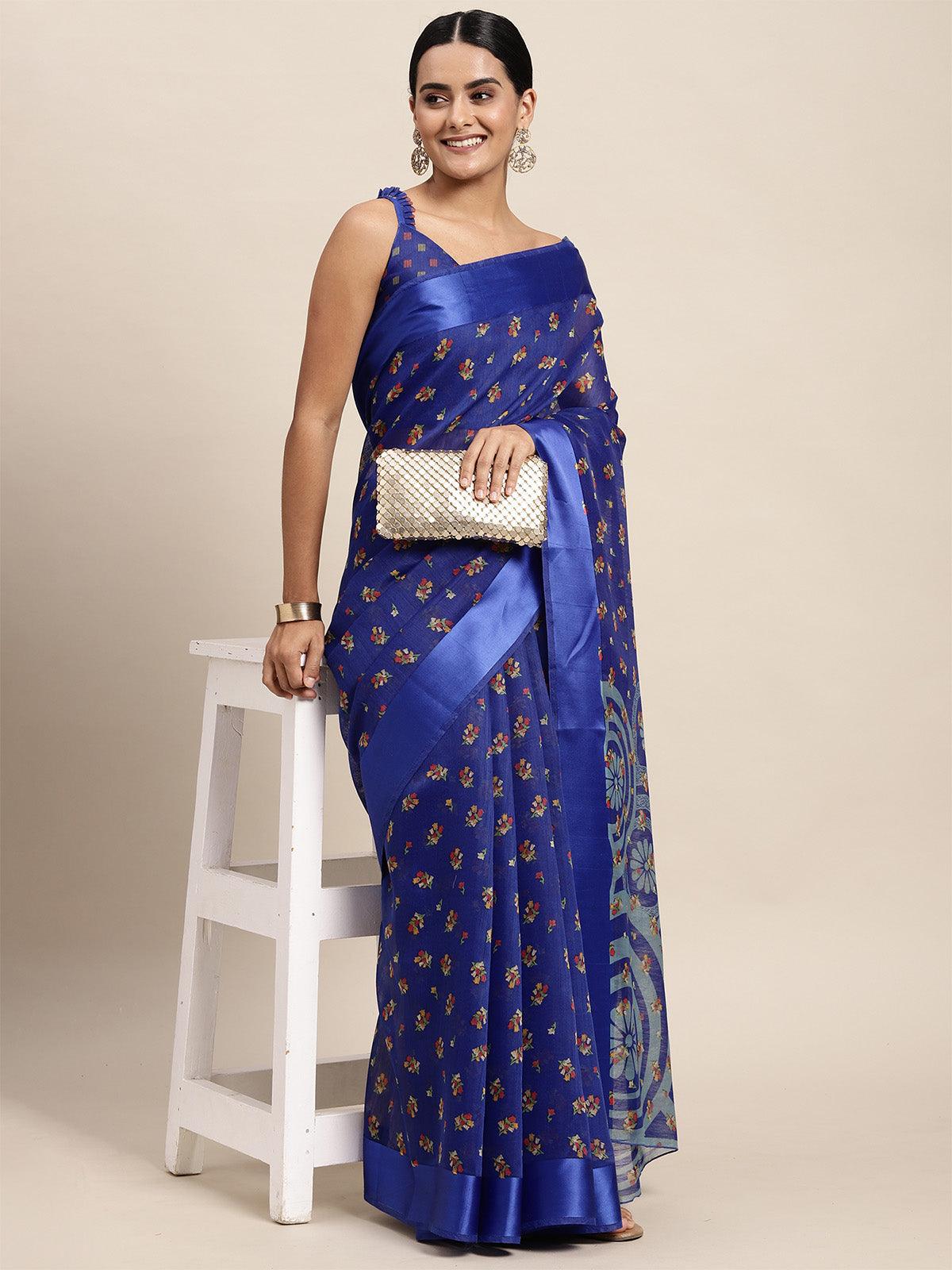 Women's Cotton Silk Blue Printed Saree With Blouse Piece - Odette