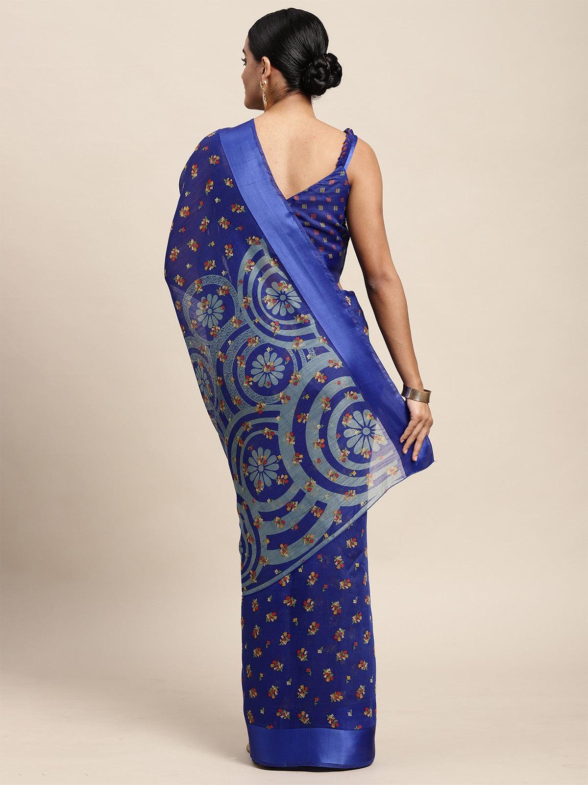 Women's Cotton Silk Blue Printed Saree With Blouse Piece - Odette