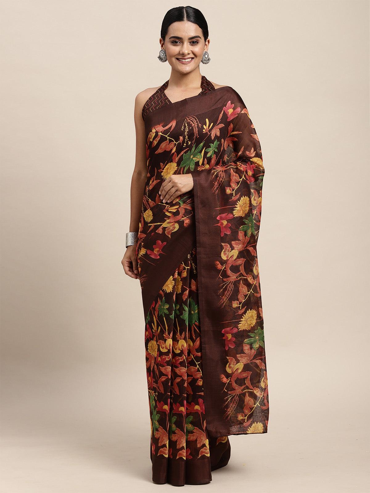Women's Cotton Silk Brown Printed Saree With Blouse Piece - Odette