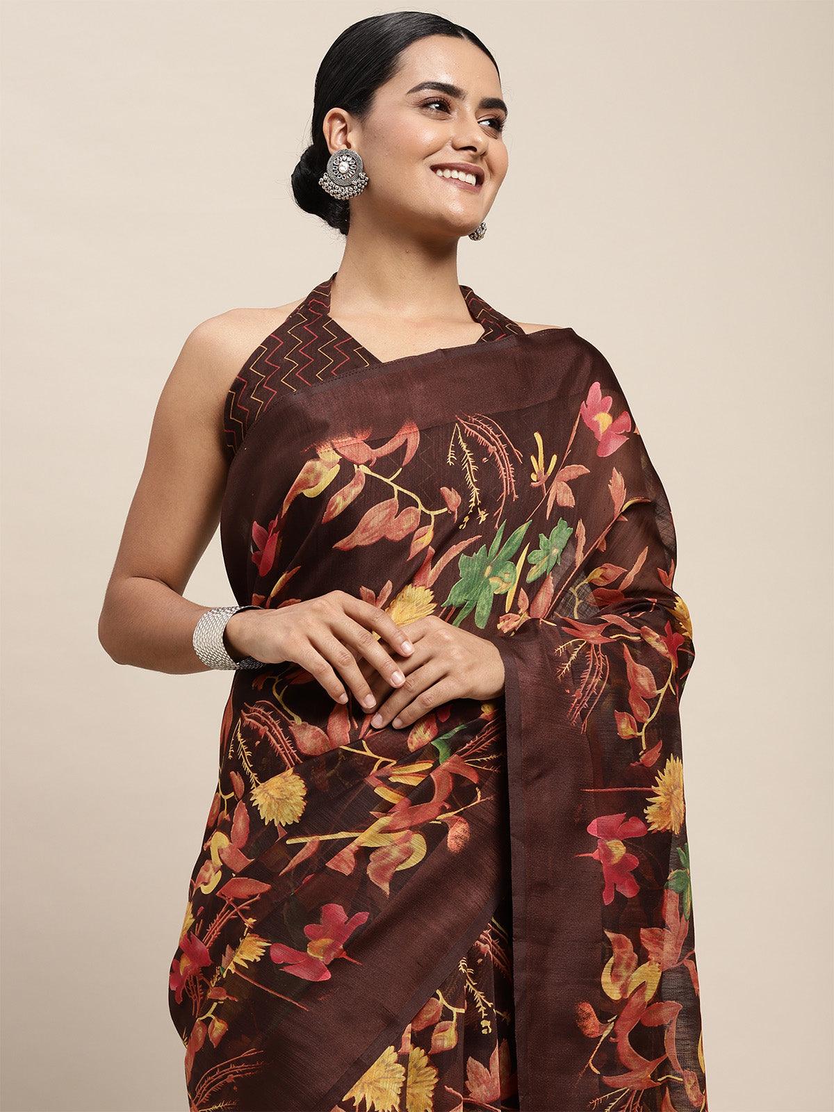 Women's Cotton Silk Brown Printed Saree With Blouse Piece - Odette