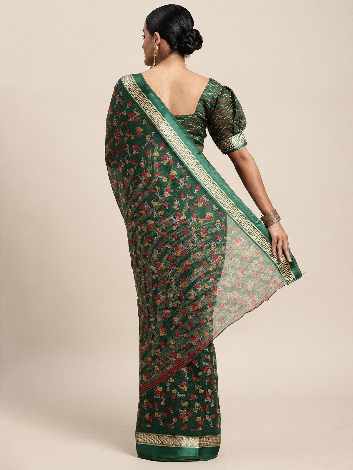 Women's Cotton Silk Green Printed Saree With Blouse Piece - Odette