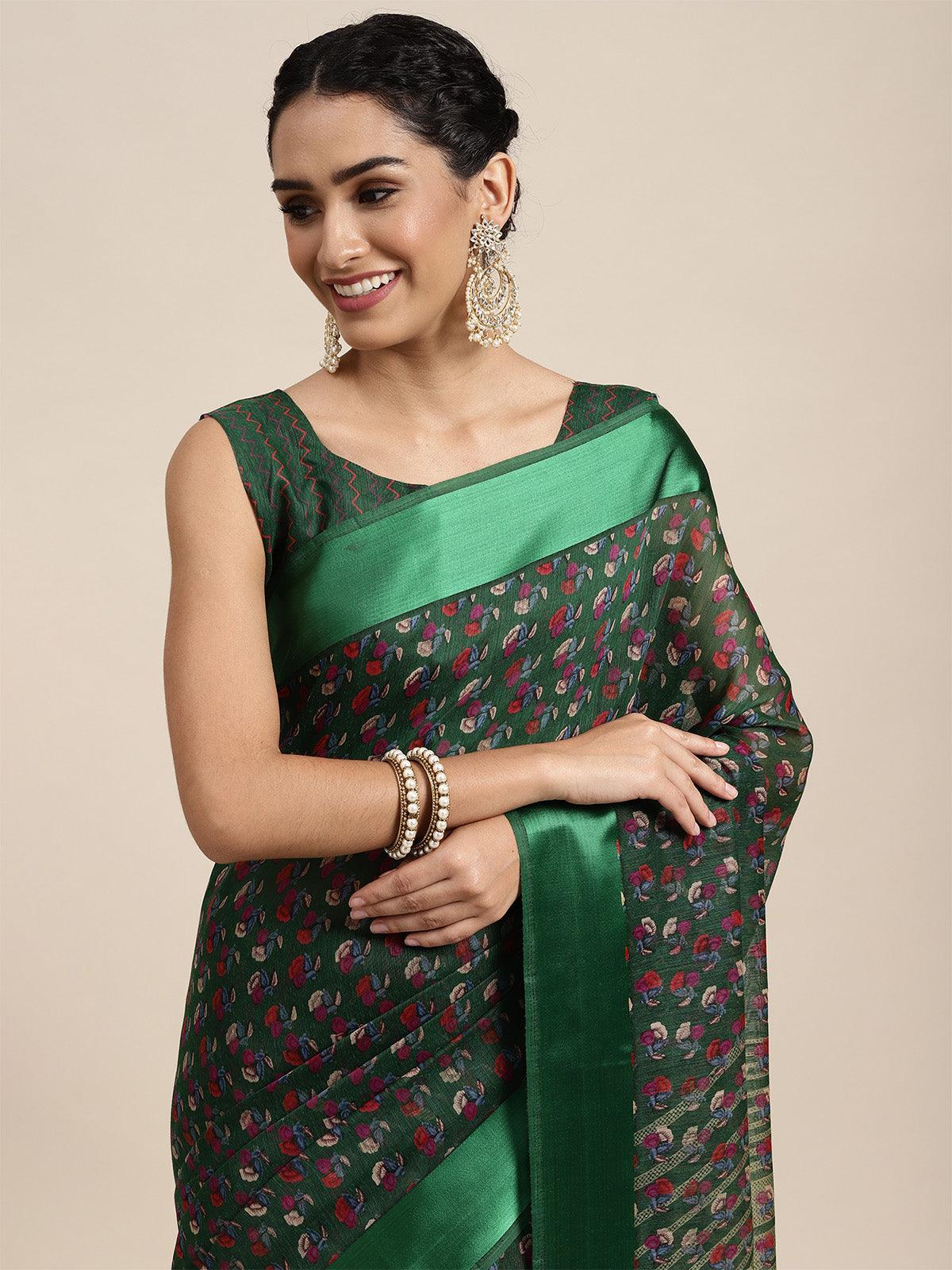 Women's Cotton Silk Green Printed Saree With Blouse Piece - Odette