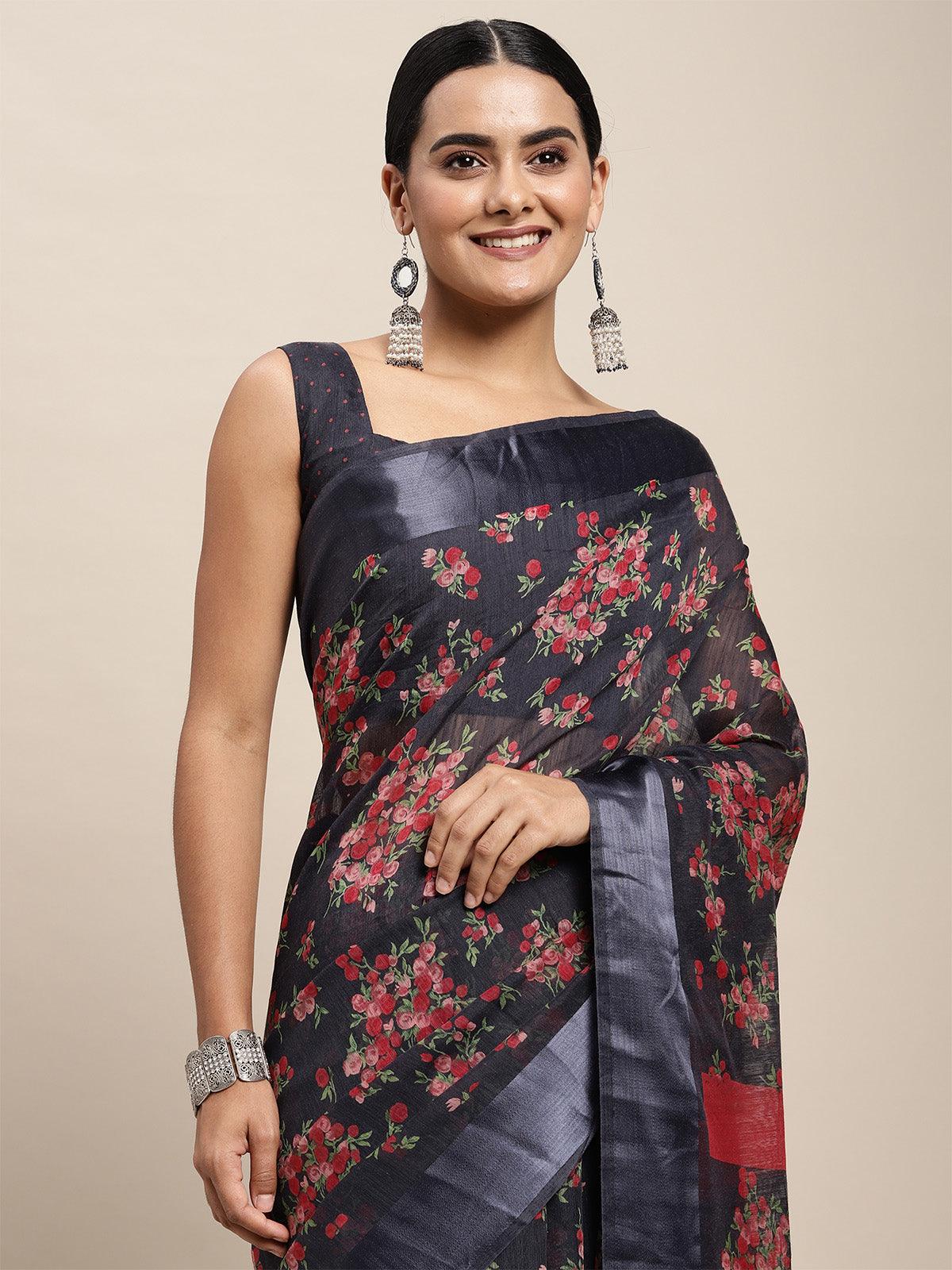 Women's Cotton Silk Grey Printed Saree With Blouse Piece - Odette