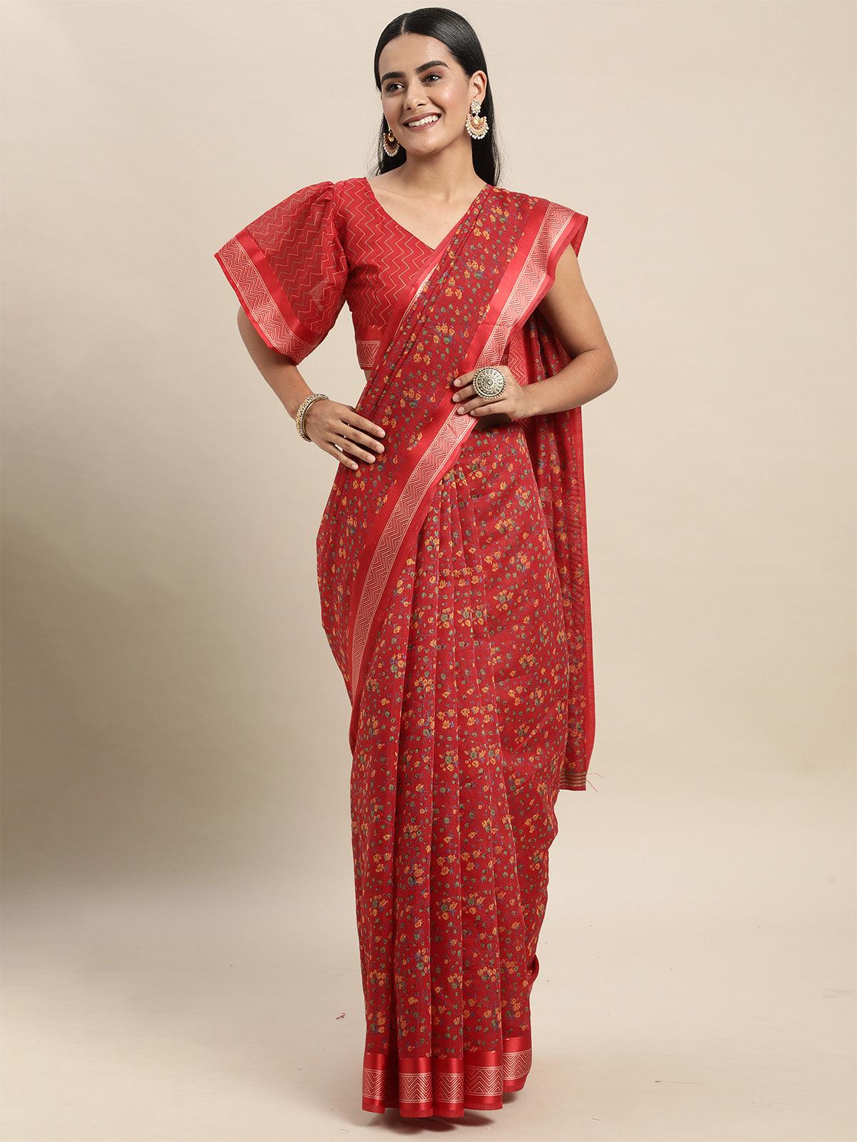 Women's Cotton Silk Maroon Printed Saree With Blouse Piece - Odette