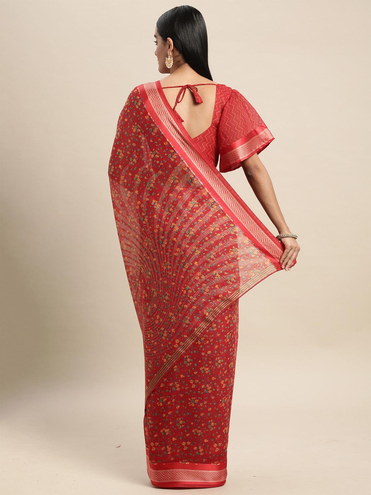 Women's Cotton Silk Maroon Printed Saree With Blouse Piece - Odette