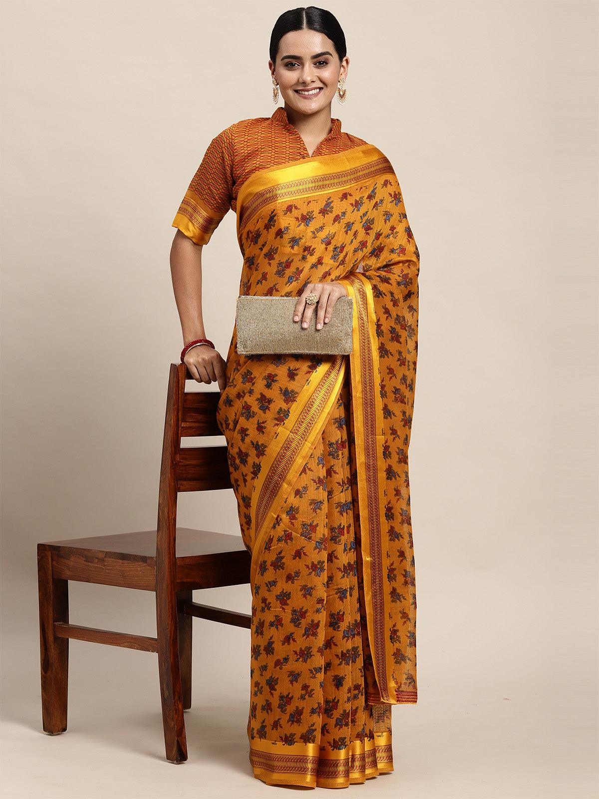 Women's Cotton Silk Mustard Printed Saree With Blouse Piece - Odette