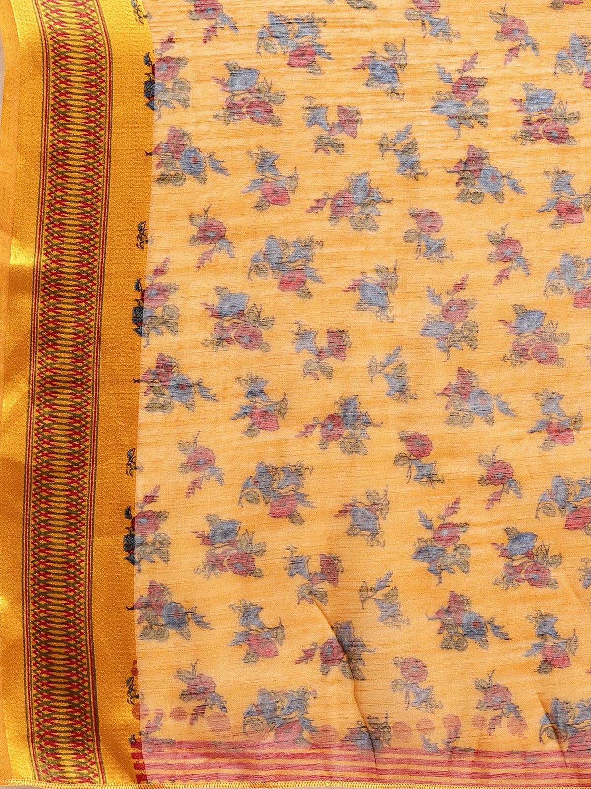 Women's Cotton Silk Mustard Printed Saree With Blouse Piece - Odette