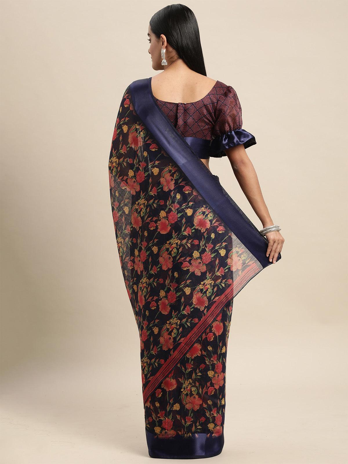 Women's Cotton Silk Navy Blue Printed Saree With Blouse Piece - Odette