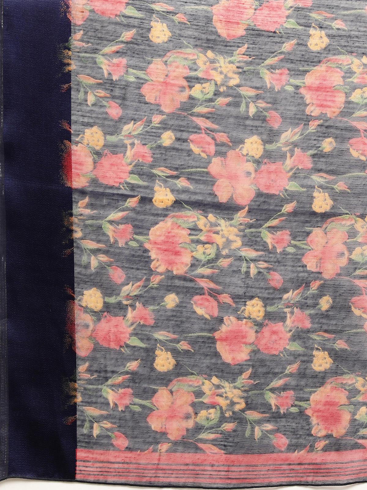 Women's Cotton Silk Navy Blue Printed Saree With Blouse Piece - Odette