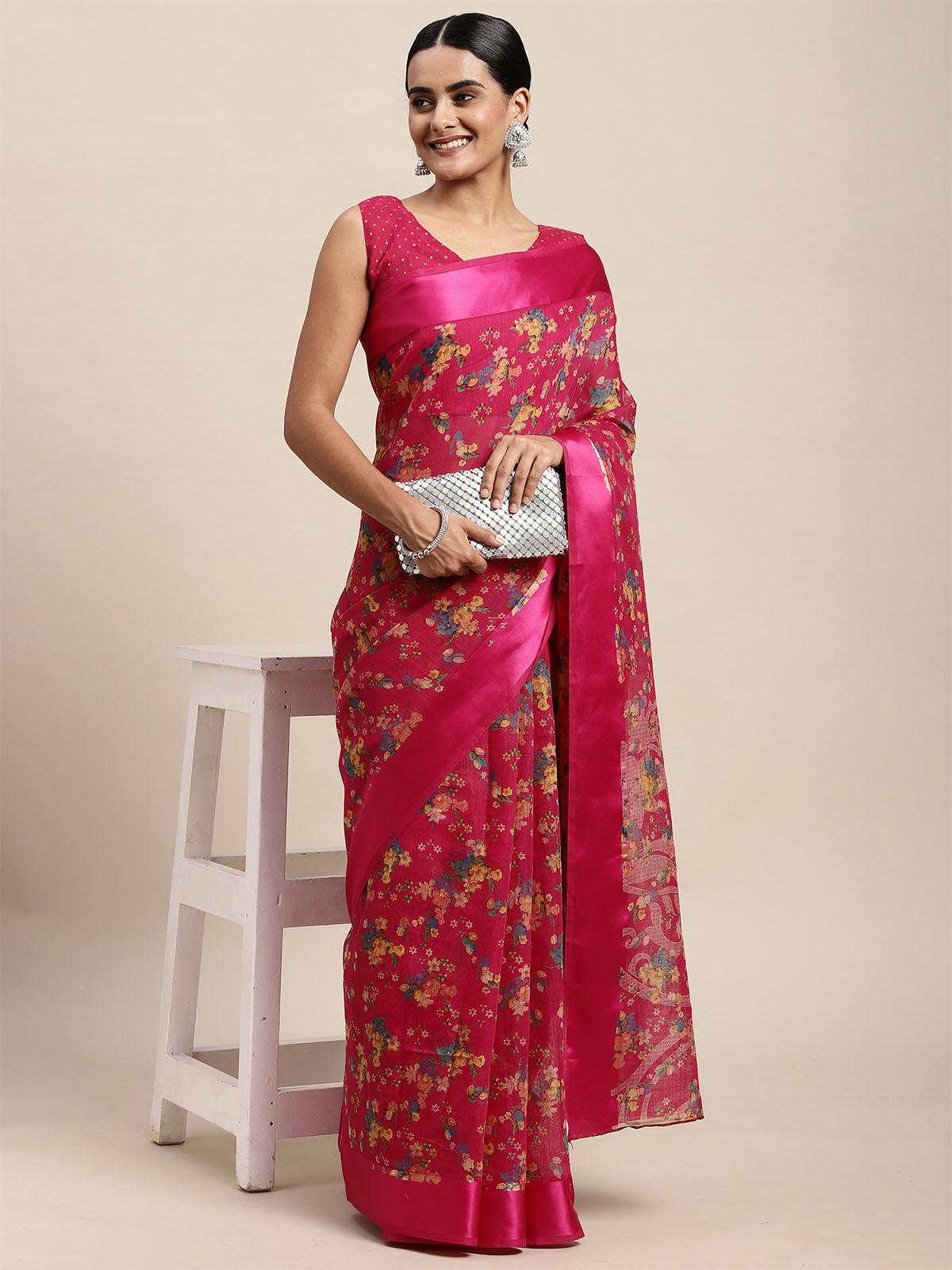 Women's Cotton Silk Pink Printed Saree With Blouse Piece - Odette