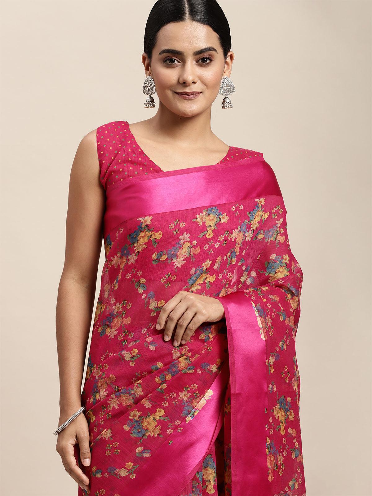 Women's Cotton Silk Pink Printed Saree With Blouse Piece - Odette