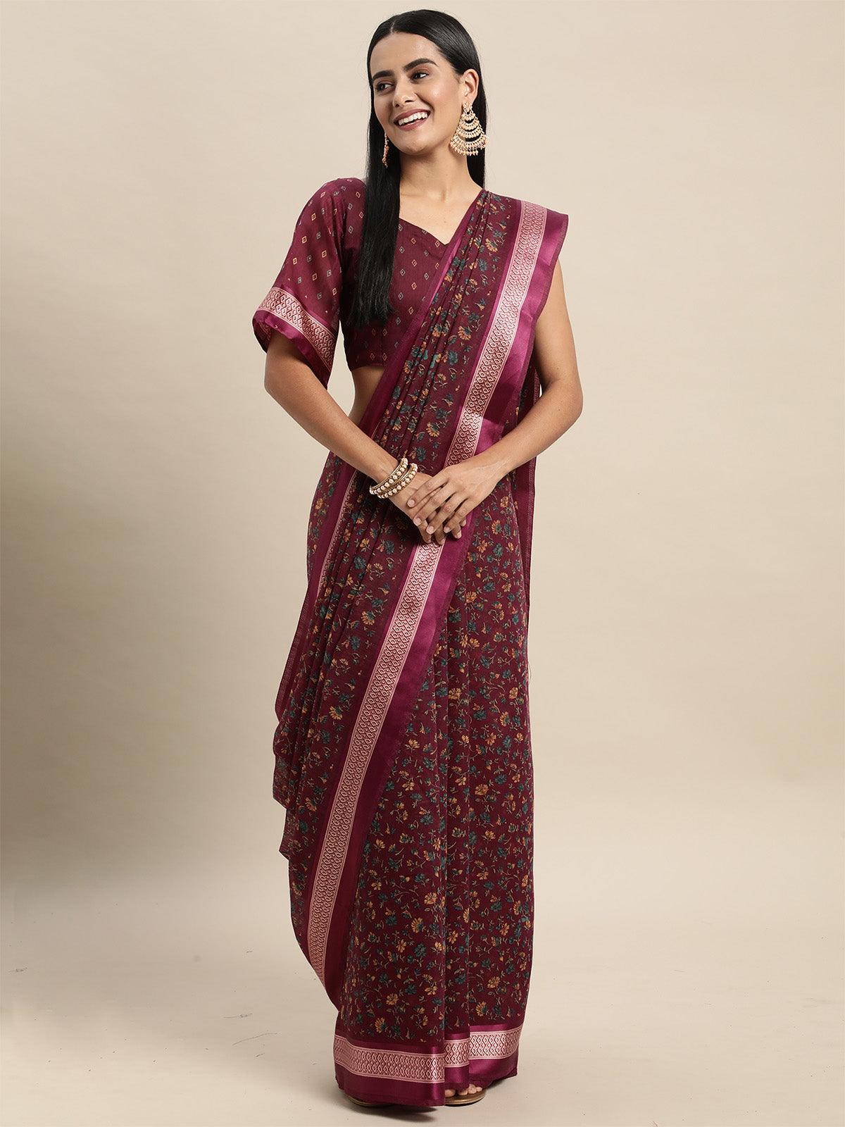Women's Cotton Silk Purple Printed Saree With Blouse Piece - Odette