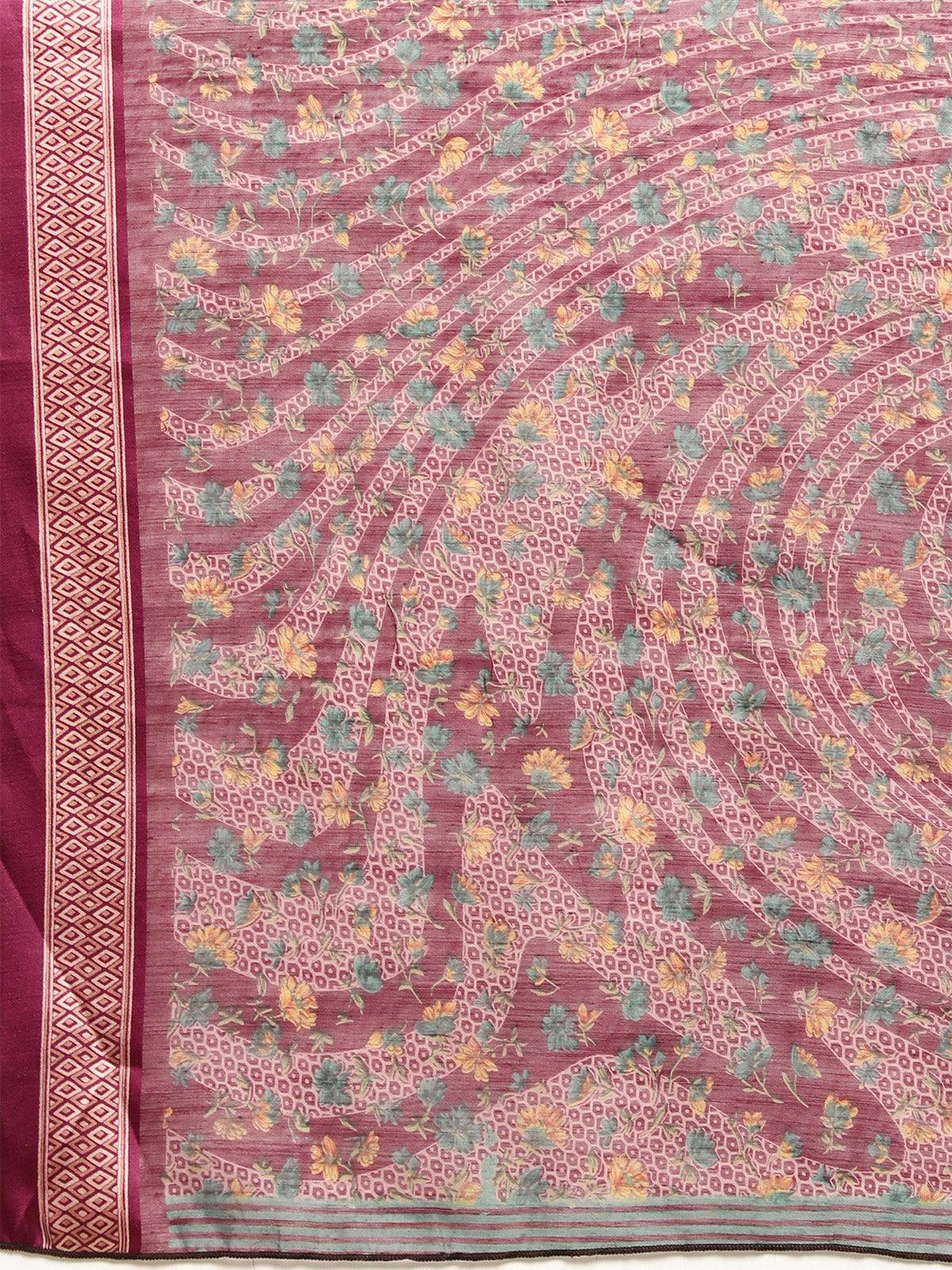Women's Cotton Silk Purple Printed Saree With Blouse Piece - Odette