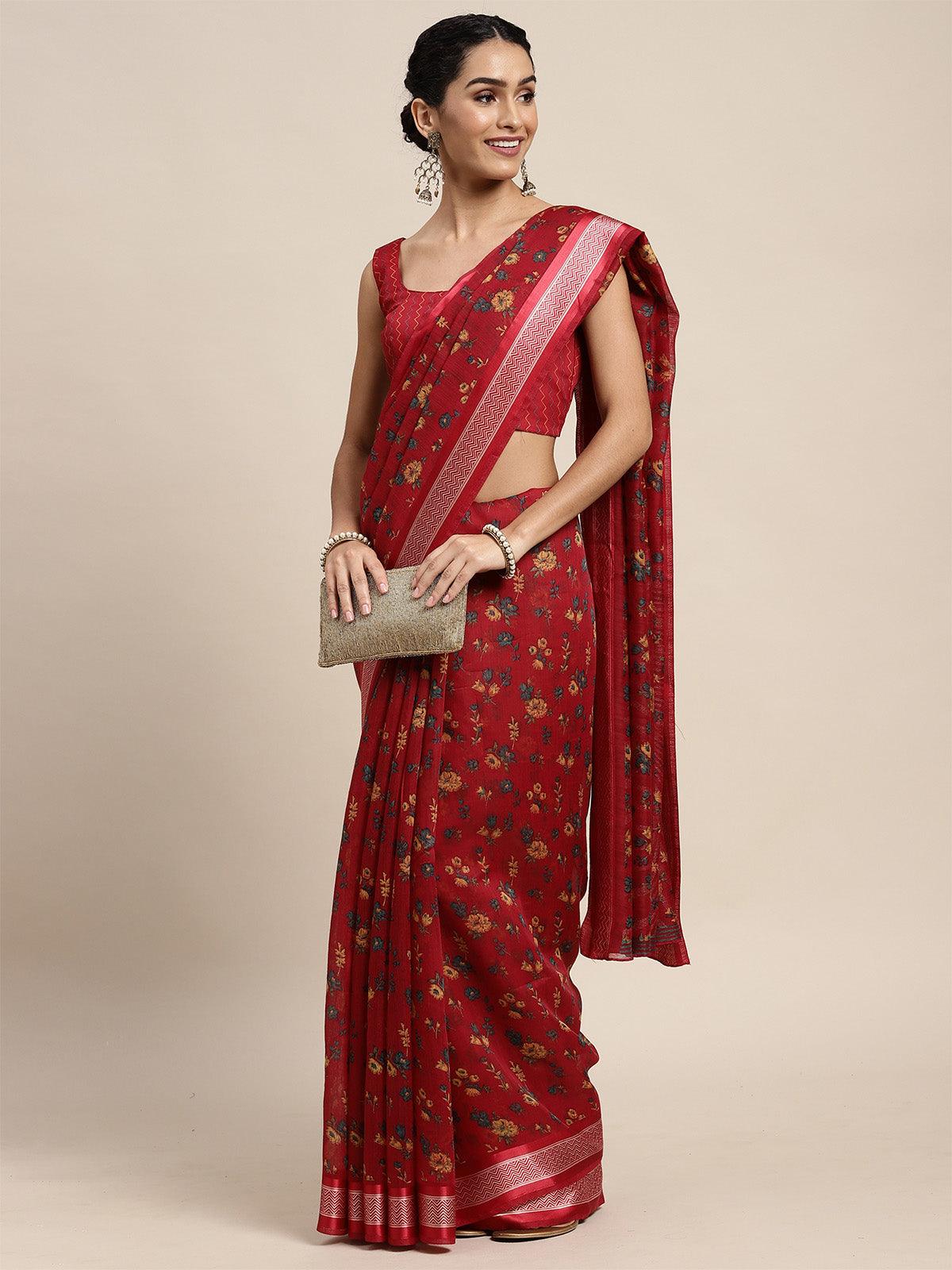 Women's Cotton Silk Red Printed Saree With Blouse Piece - Odette