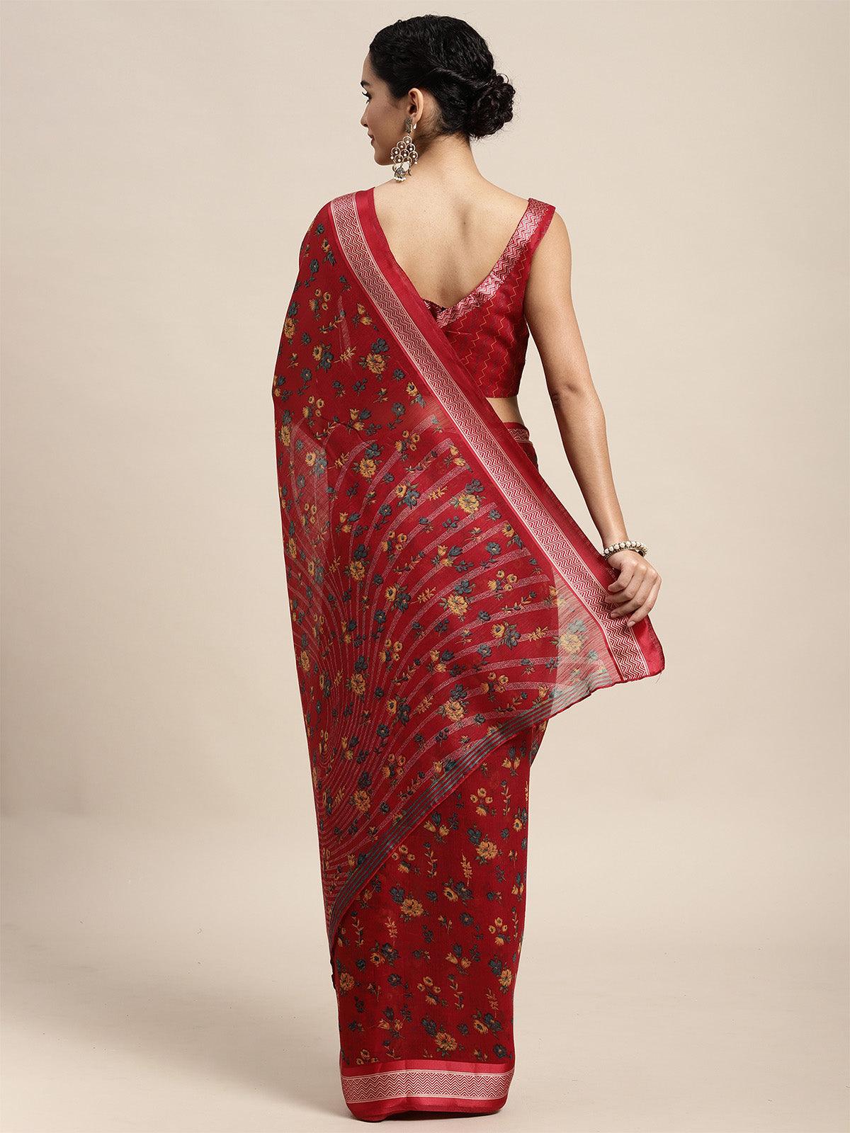 Women's Cotton Silk Red Printed Saree With Blouse Piece - Odette