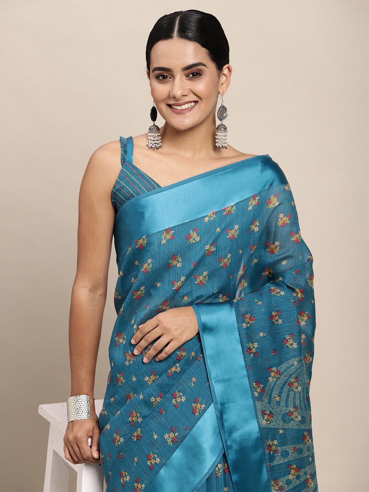 Women's Cotton Silk Teal Blue Printed Saree With Blouse Piece - Odette