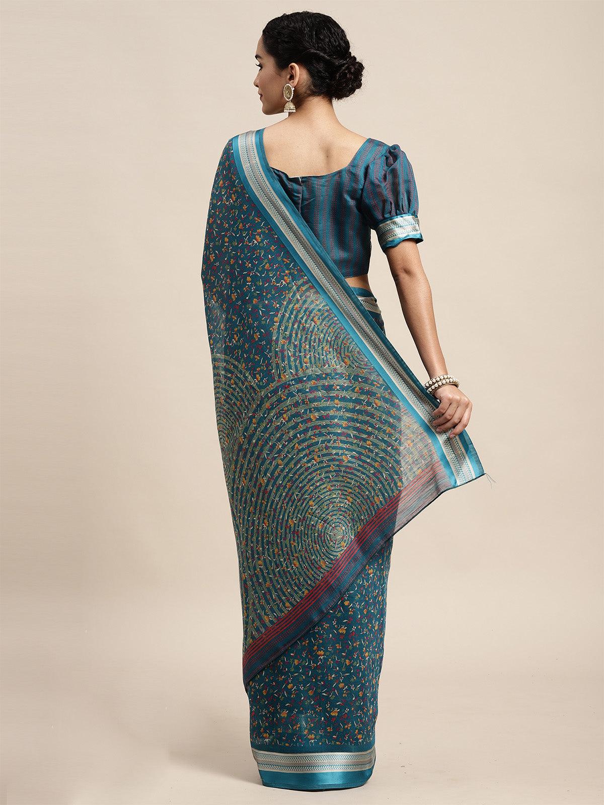 Women's Cotton Silk Turquoise Printed Saree With Blouse Piece - Odette