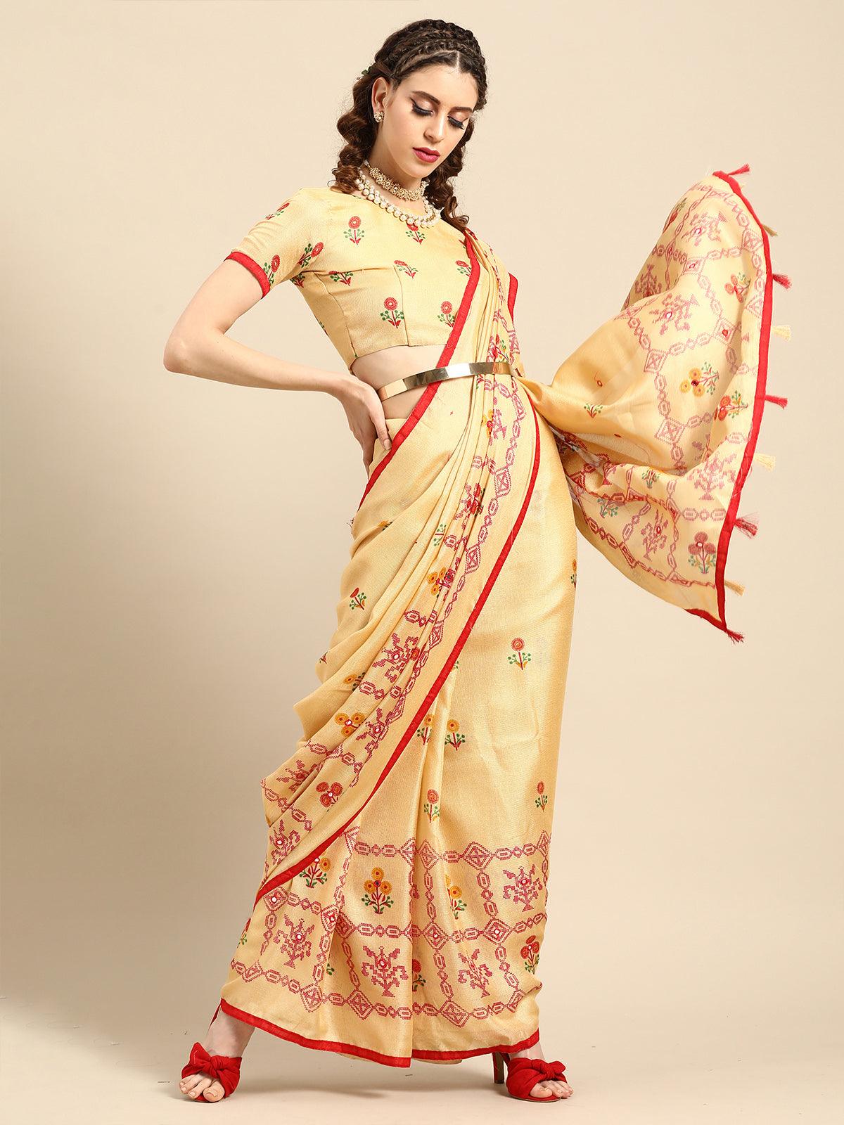 Women's Cream Casual Jute Silk Printed Saree With Unstitched Blouse - Odette