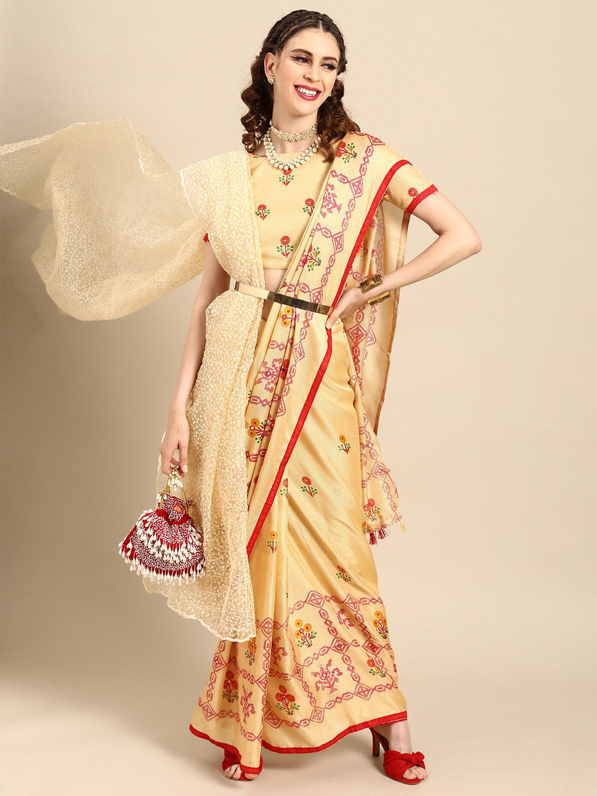 Women's Cream Casual Jute Silk Printed Saree With Unstitched Blouse - Odette