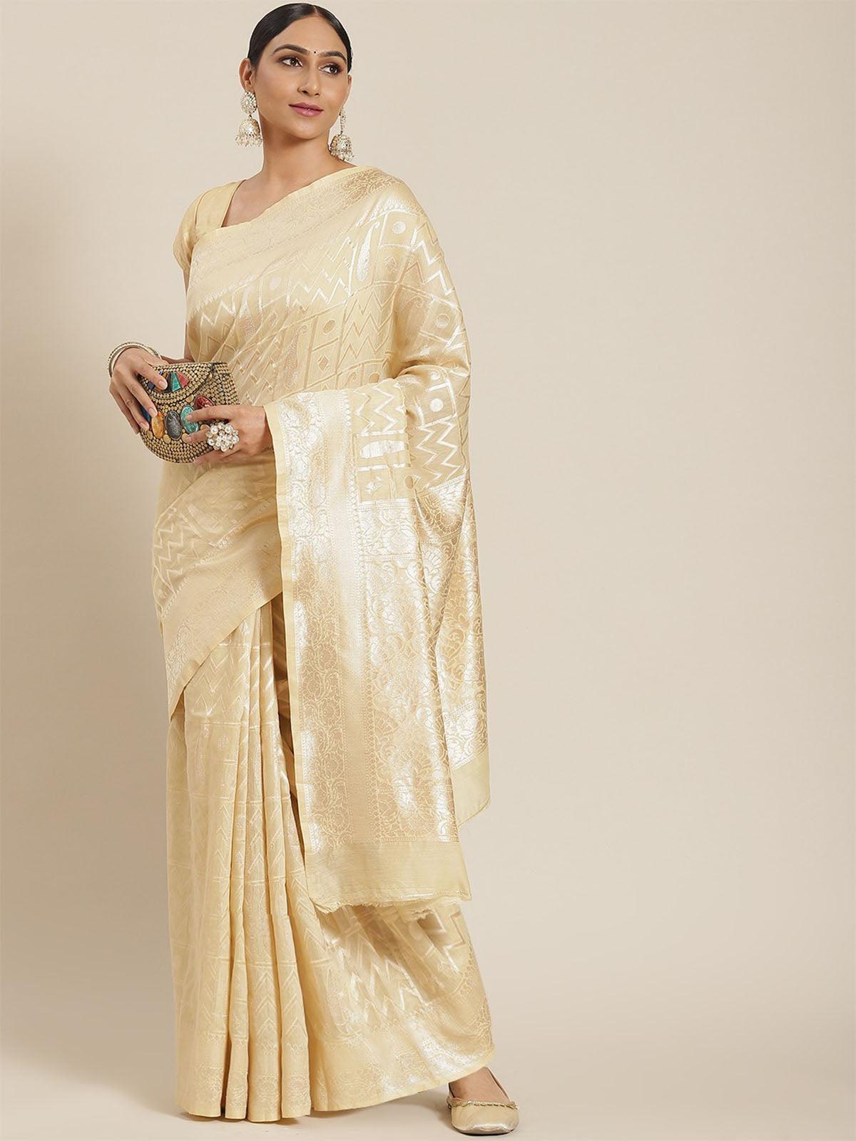 Women's Cream Elegant Cotton Woven Saree - Odette