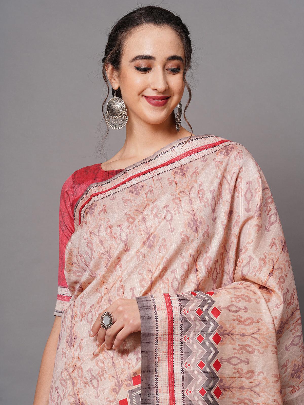 Women's Cream Festive Bhagalpuri Silk Printed Saree With Unstitched Blouse - Odette