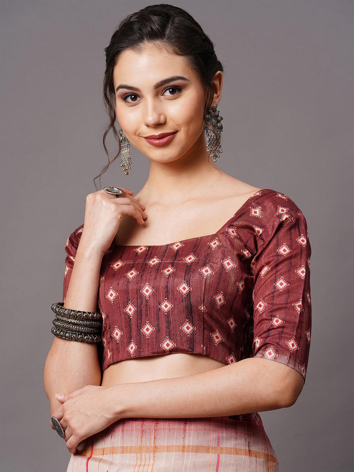 Women's Cream Festive Bhagalpuri Silk Printed Saree With Unstitched Blouse - Odette