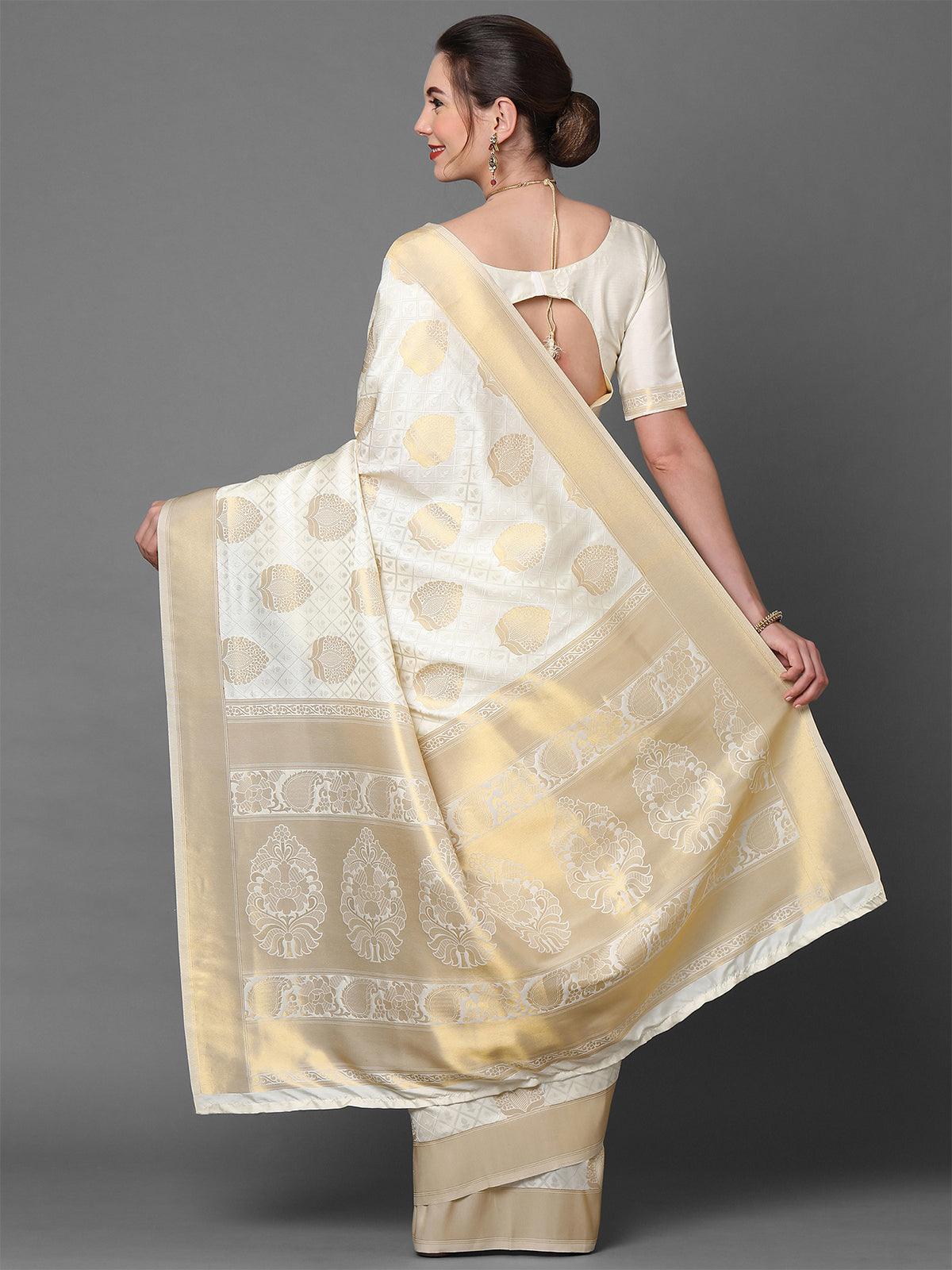 Women's Cream Festive Kanjivaram Silk Woven Design Saree With Unstitched Blouse - Odette