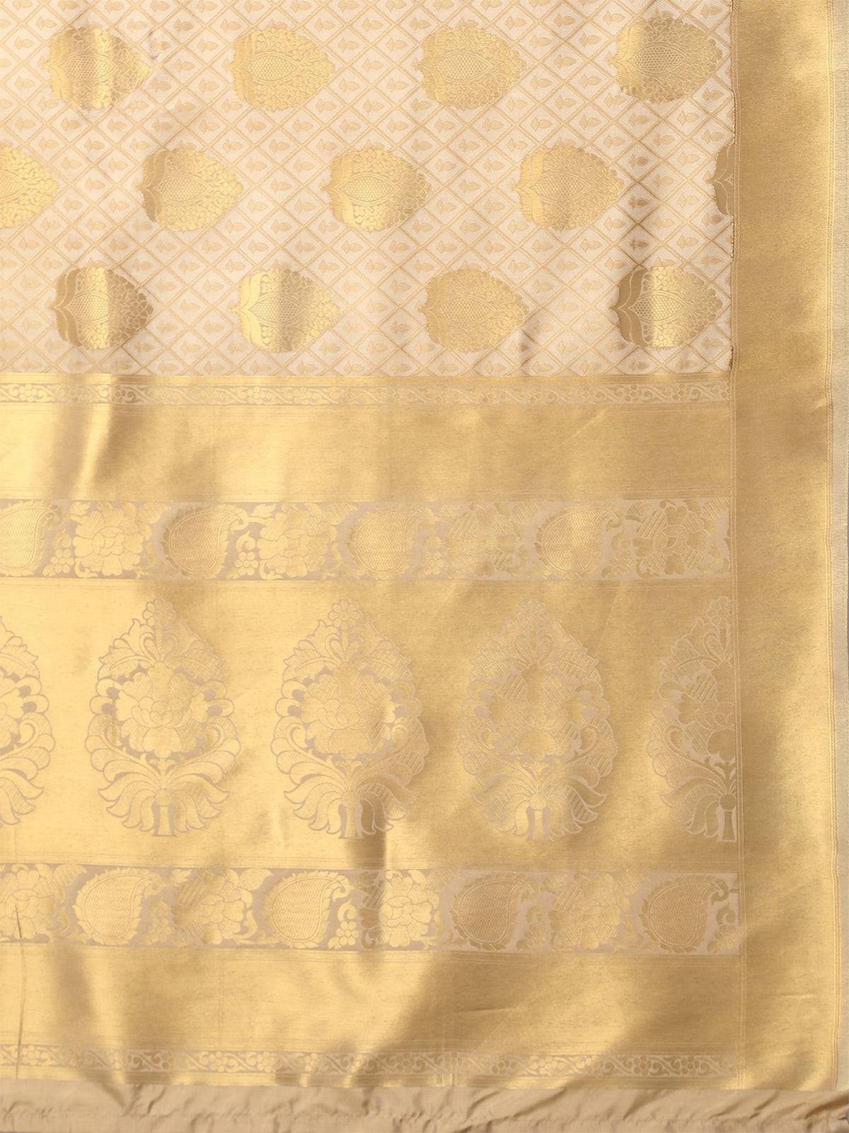 Women's Cream Festive Kanjivaram Silk Woven Design Saree With Unstitched Blouse - Odette