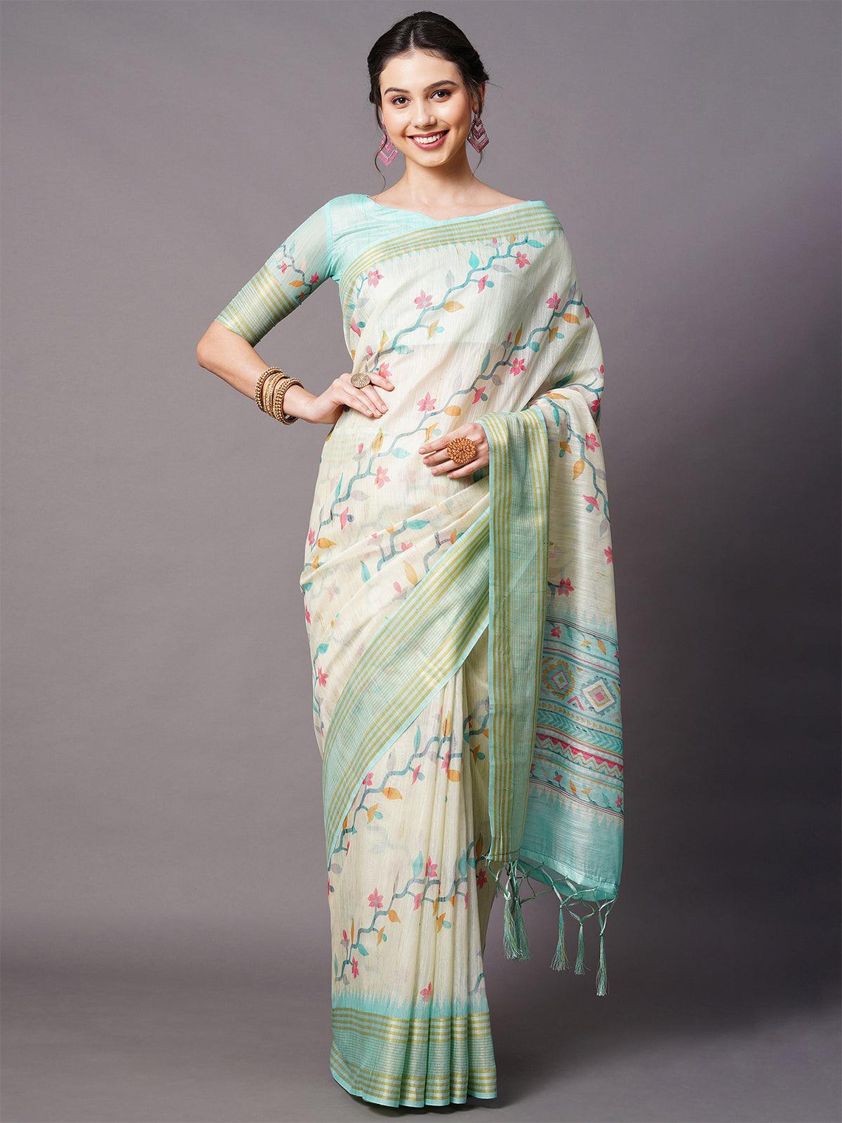Women's Cream Festive Linen Blend Printed Saree With Unstitched Blouse - Odette