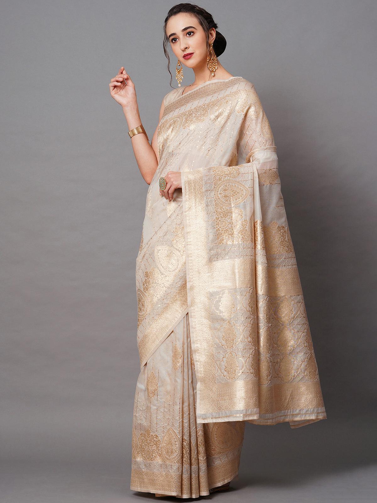 Women's Cream Festive Silk Blend Embroidered Saree With Unstitched Blouse - Odette