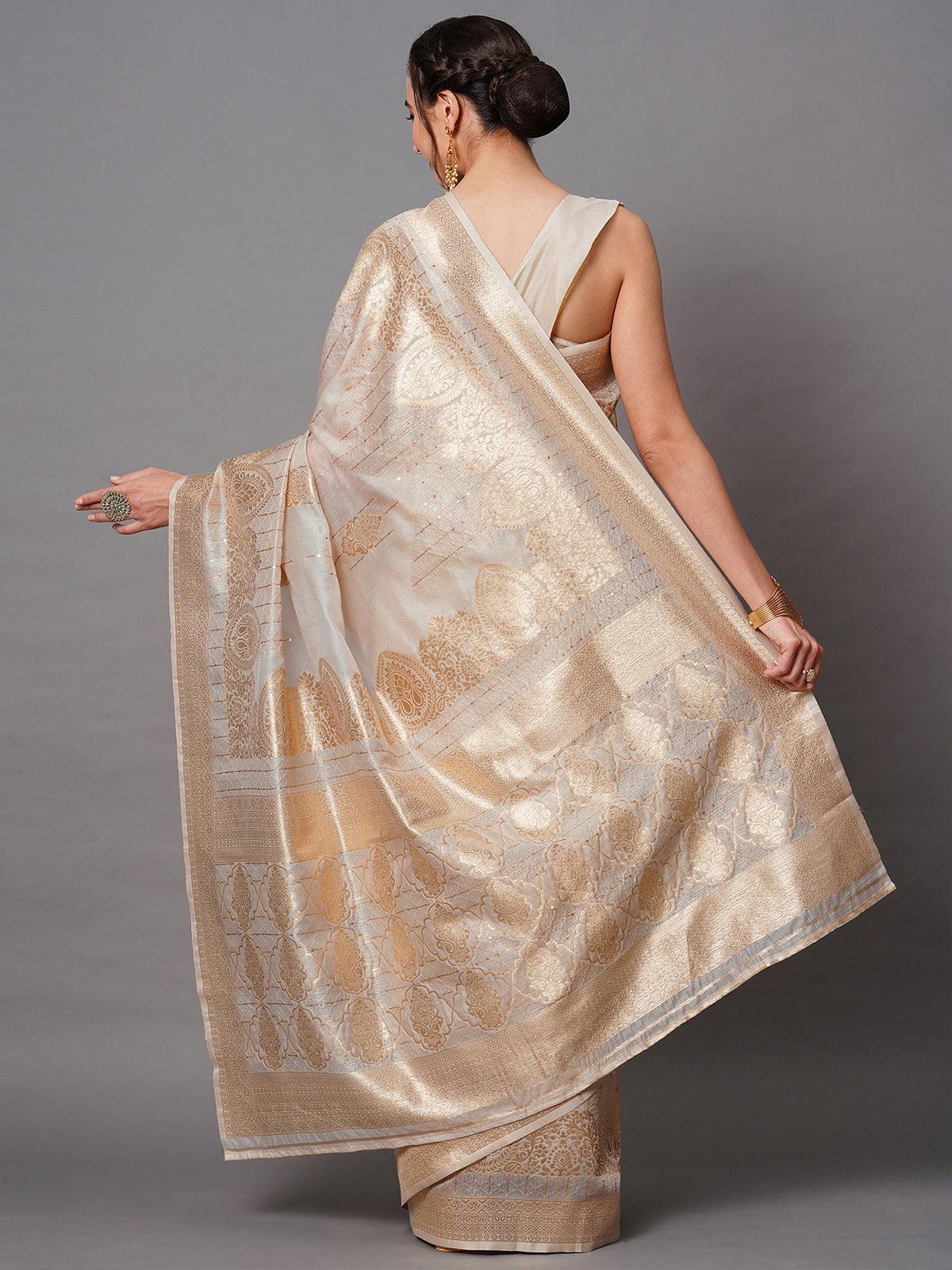 Women's Cream Festive Silk Blend Embroidered Saree With Unstitched Blouse - Odette