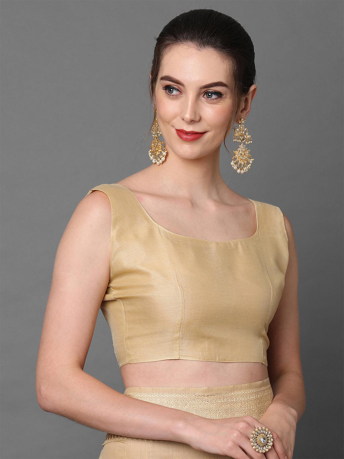 Women's Cream Festive Silk Blend Woven Design Saree With Unstitched Blouse - Odette