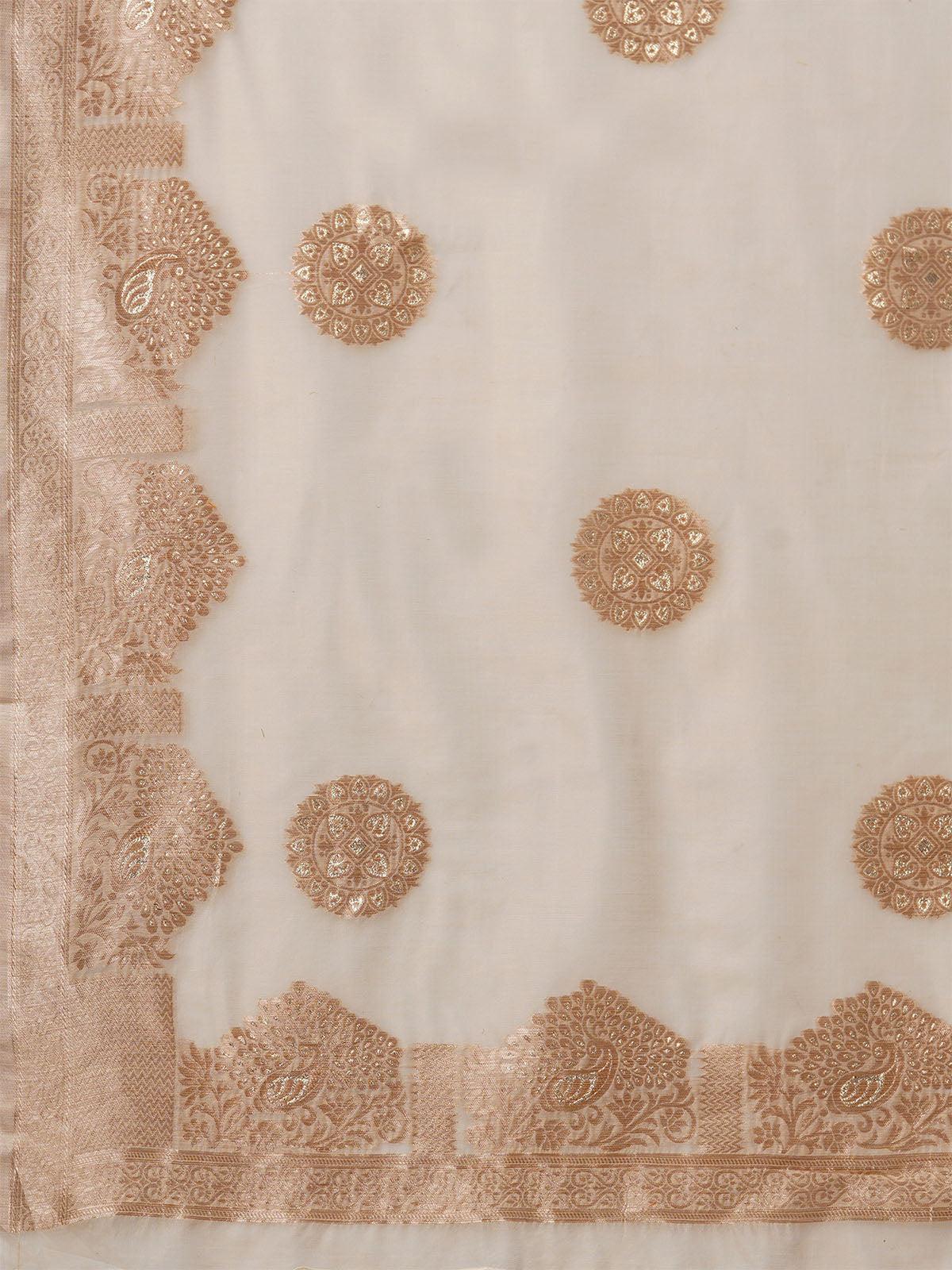 Women's Cream Festive Silk Blend Woven Design Saree With Unstitched Blouse - Odette