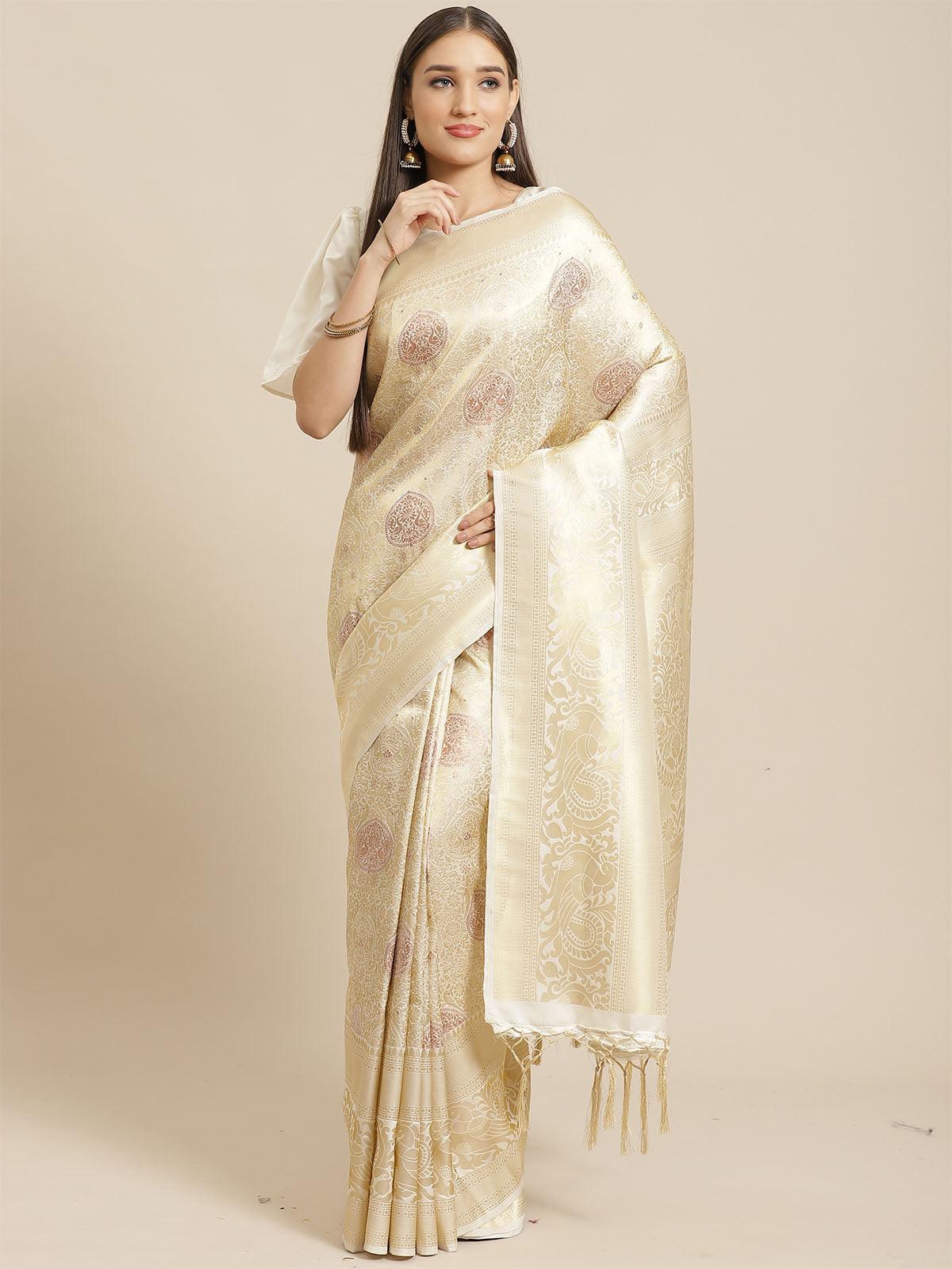 Women's Cream Festive Silk Blend Woven Saree With Unstitched Blouse - Odette