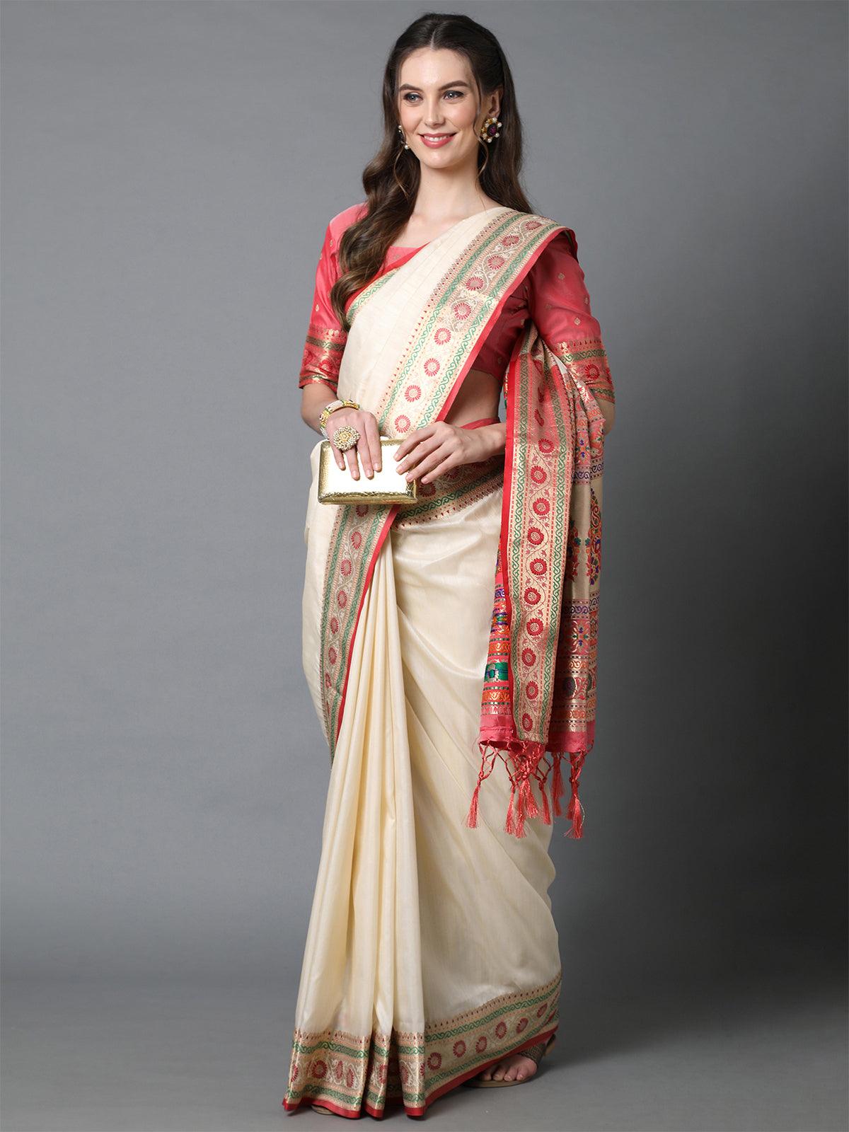 Women's Cream Festive Tussar Silk Woven Saree With Unstitched Blouse - Odette
