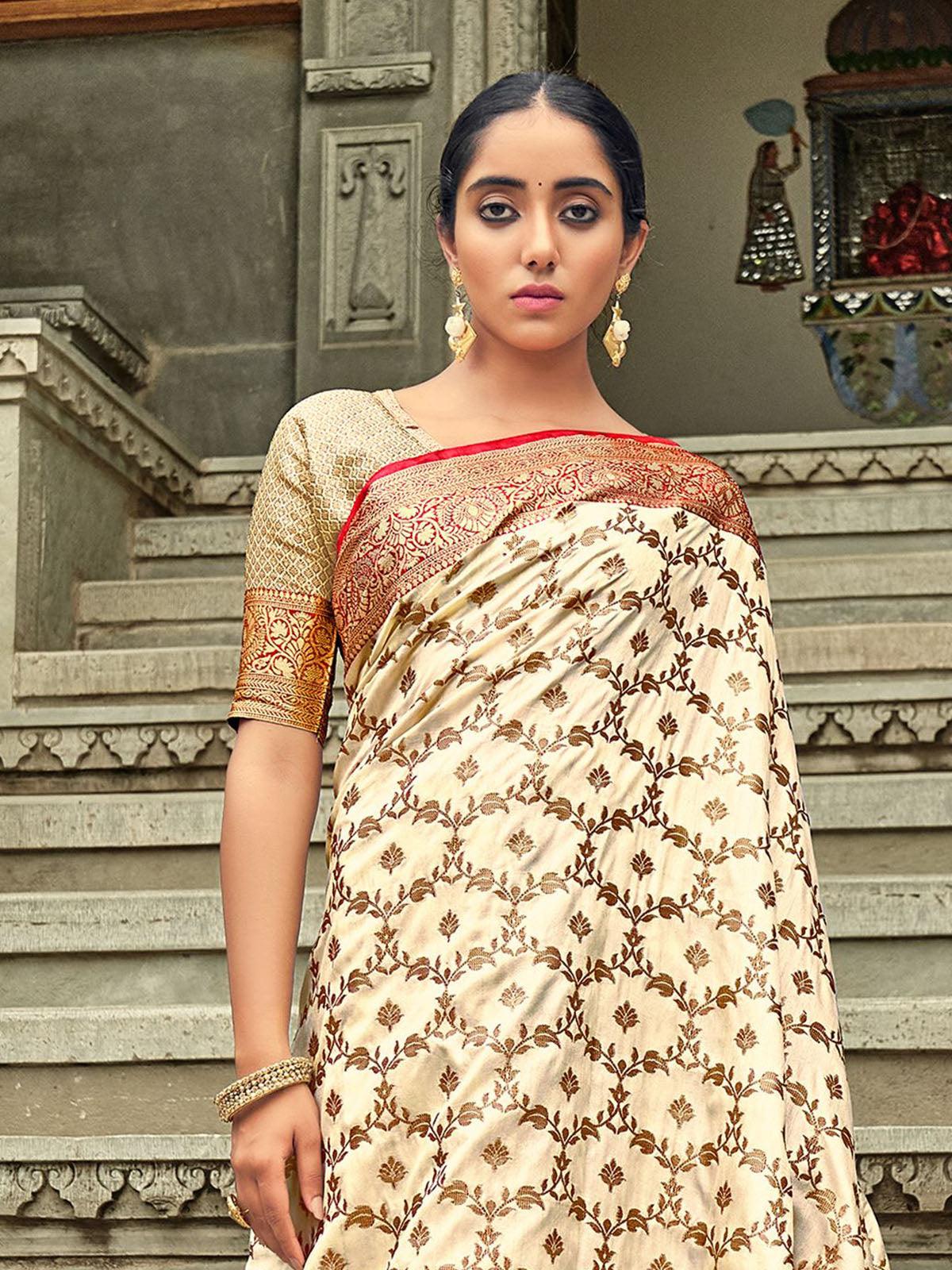 Women's Cream Heavy Woven Banarasi Silk Saree - Odette