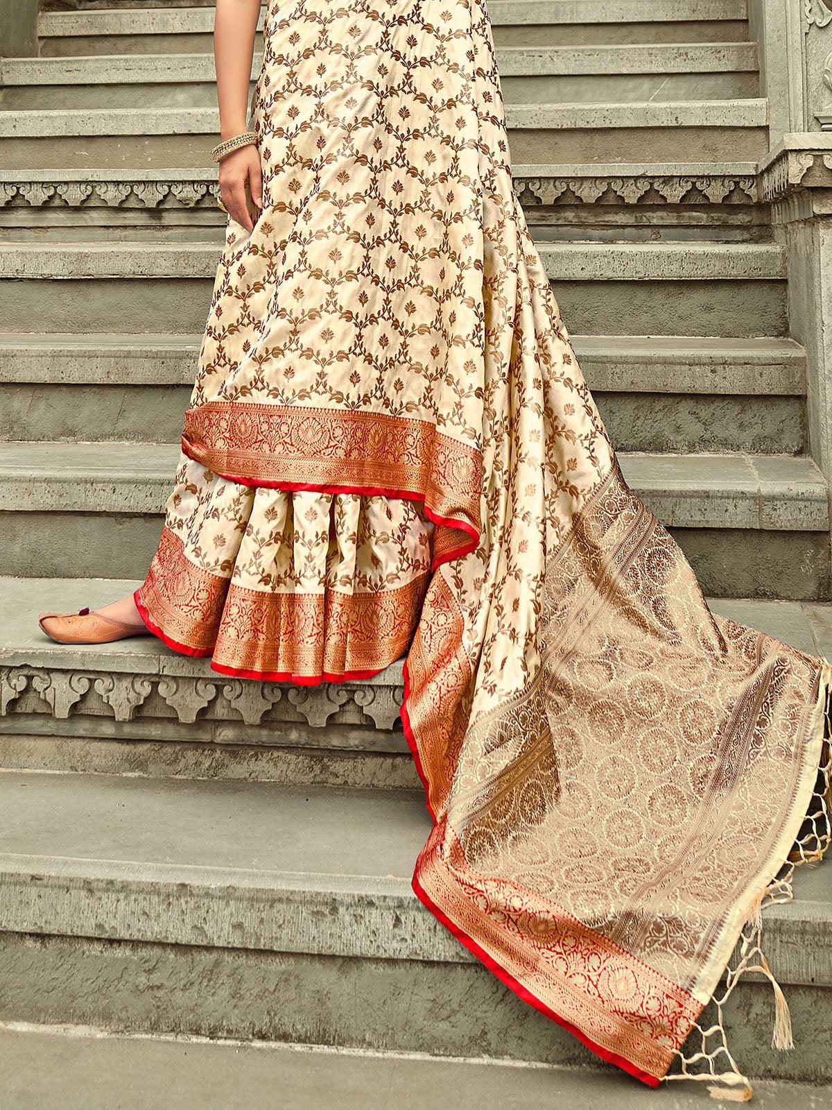 Women's Cream Heavy Woven Banarasi Silk Saree - Odette