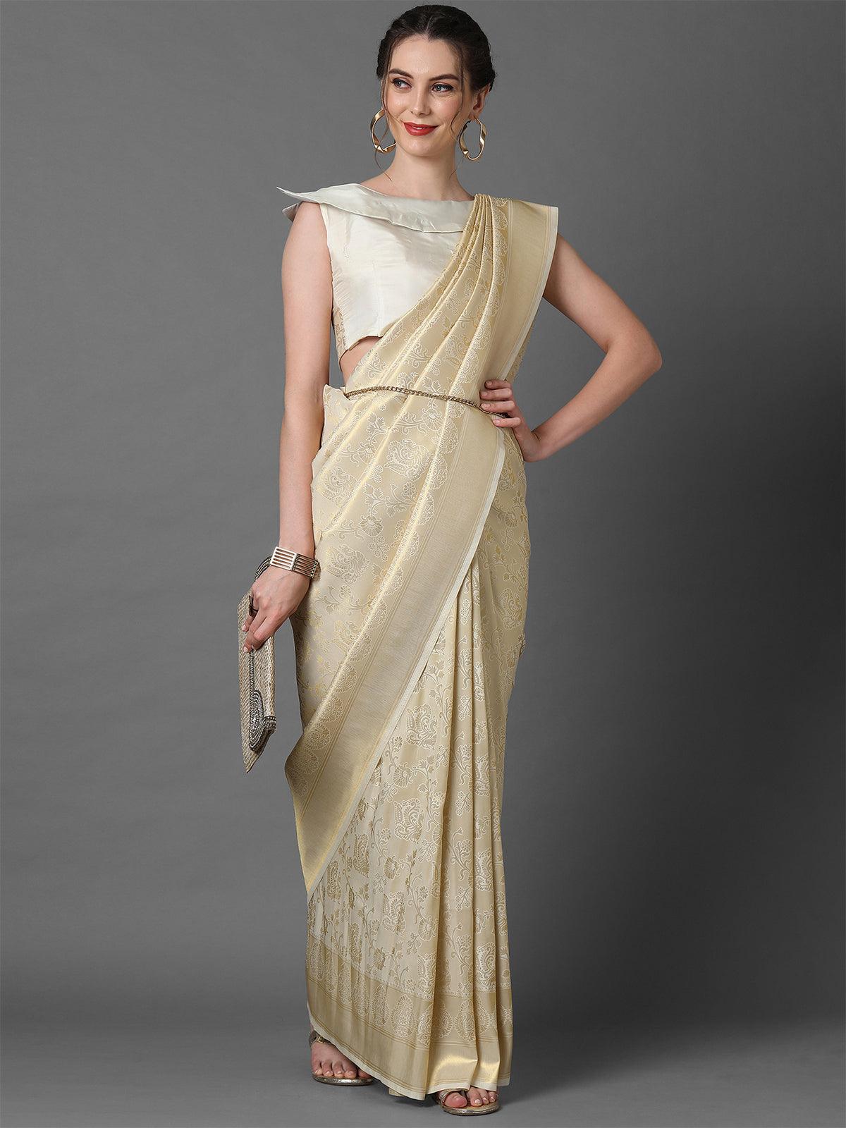 Women's Cream Party Wear Kanjivaram Silk Woven Design Saree With Unstitched Blouse - Odette