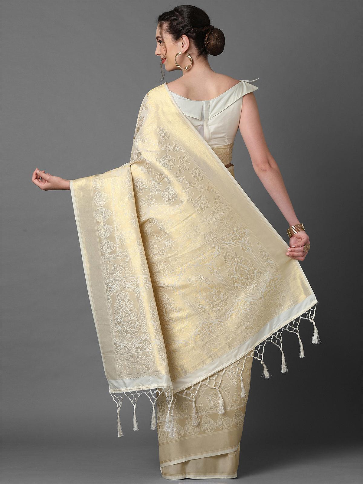 Women's Cream Party Wear Kanjivaram Silk Woven Design Saree With Unstitched Blouse - Odette