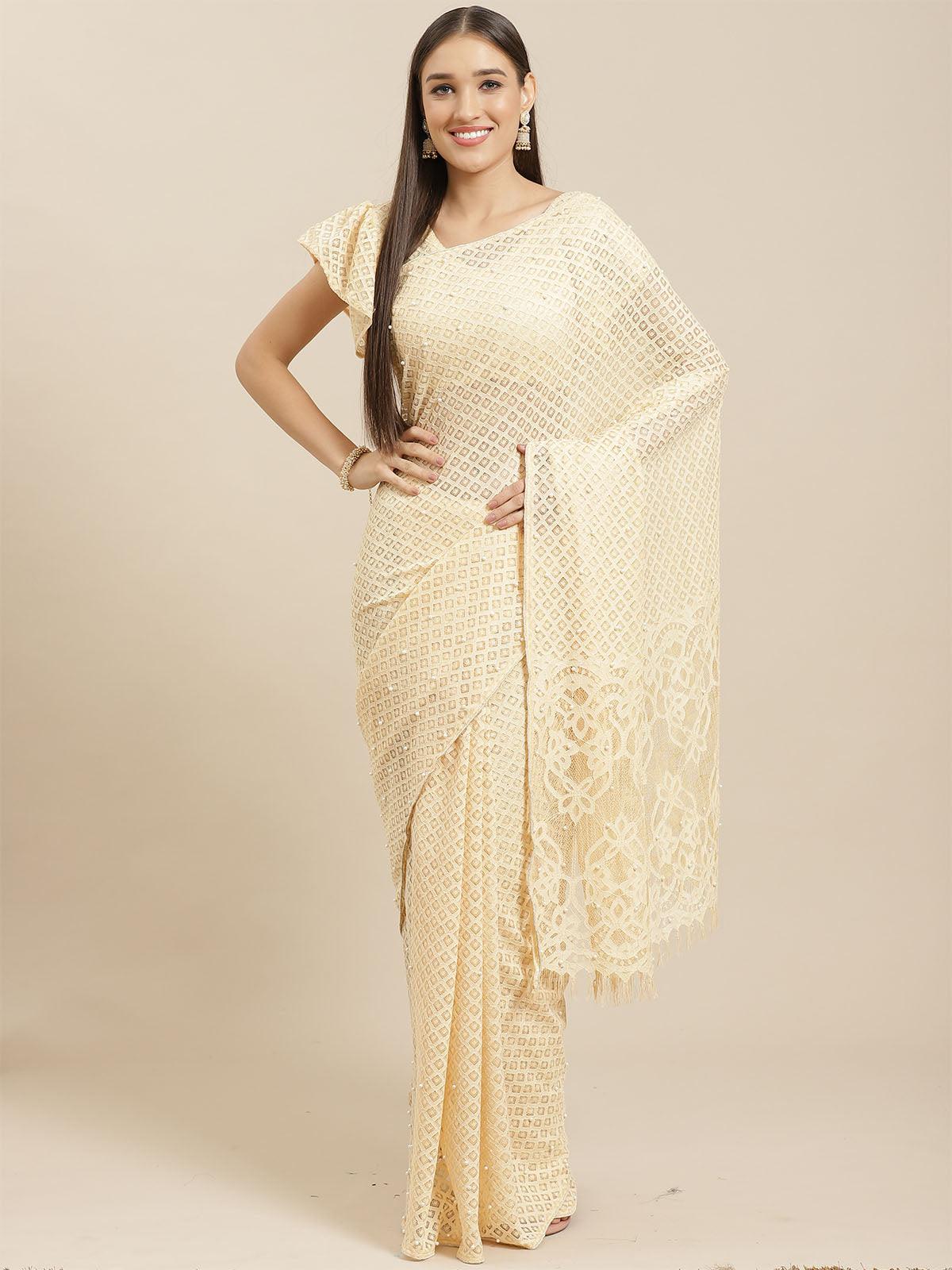 Women's Cream Party Wear Net(Super Net) Solid Saree With Unstitched Blouse - Odette
