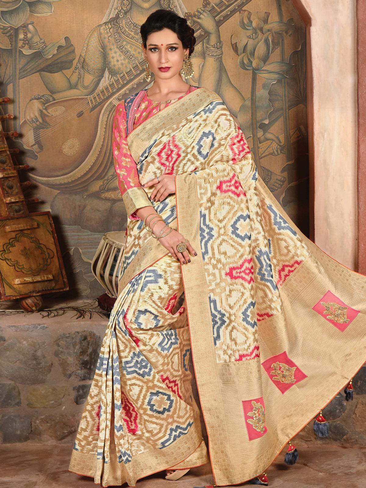 Women's Cream Weaved Silk Designer Saree With Blouse - Odette