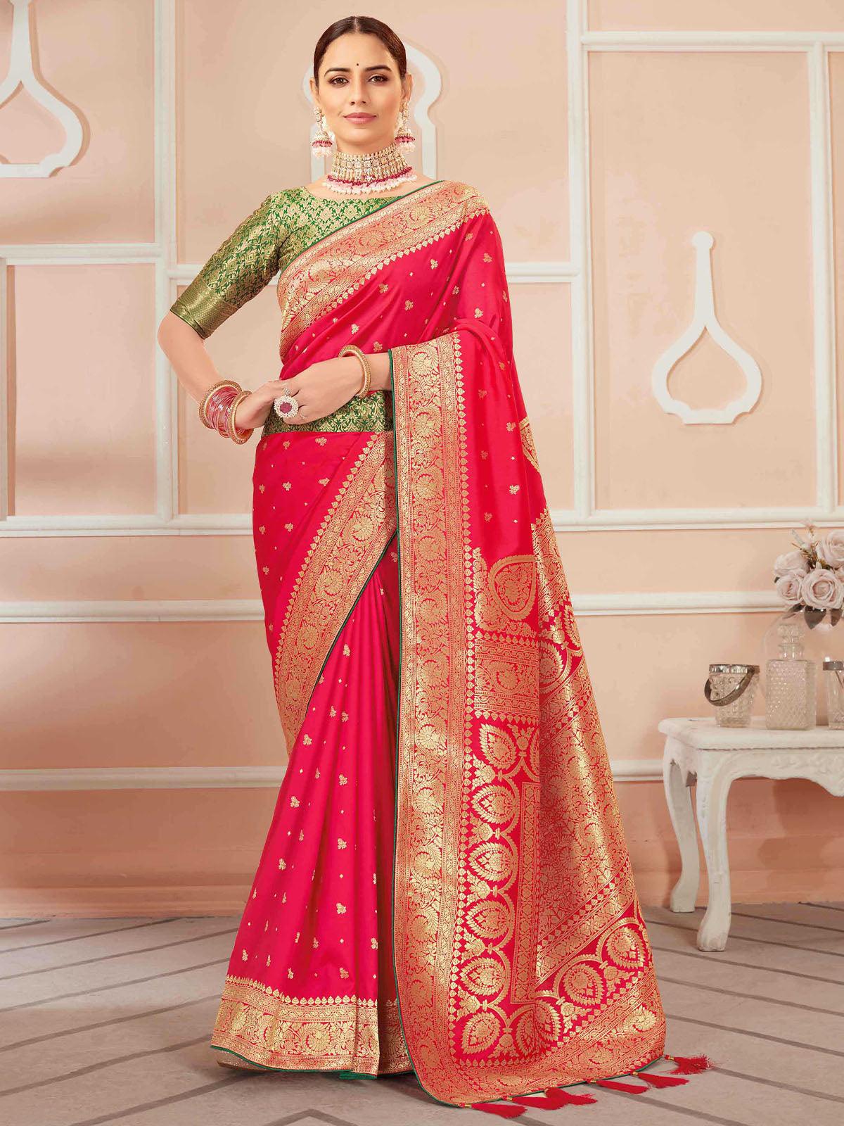 Women's Crimson Banarasi Silk Wevon Heavy Jari Designer Saree - Odette
