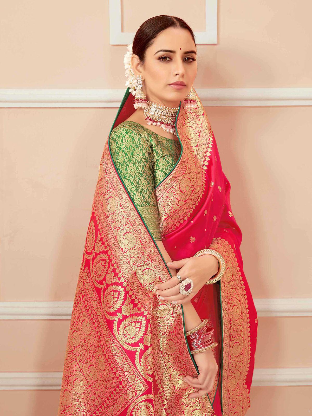 Women's Crimson Banarasi Silk Wevon Heavy Jari Designer Saree - Odette