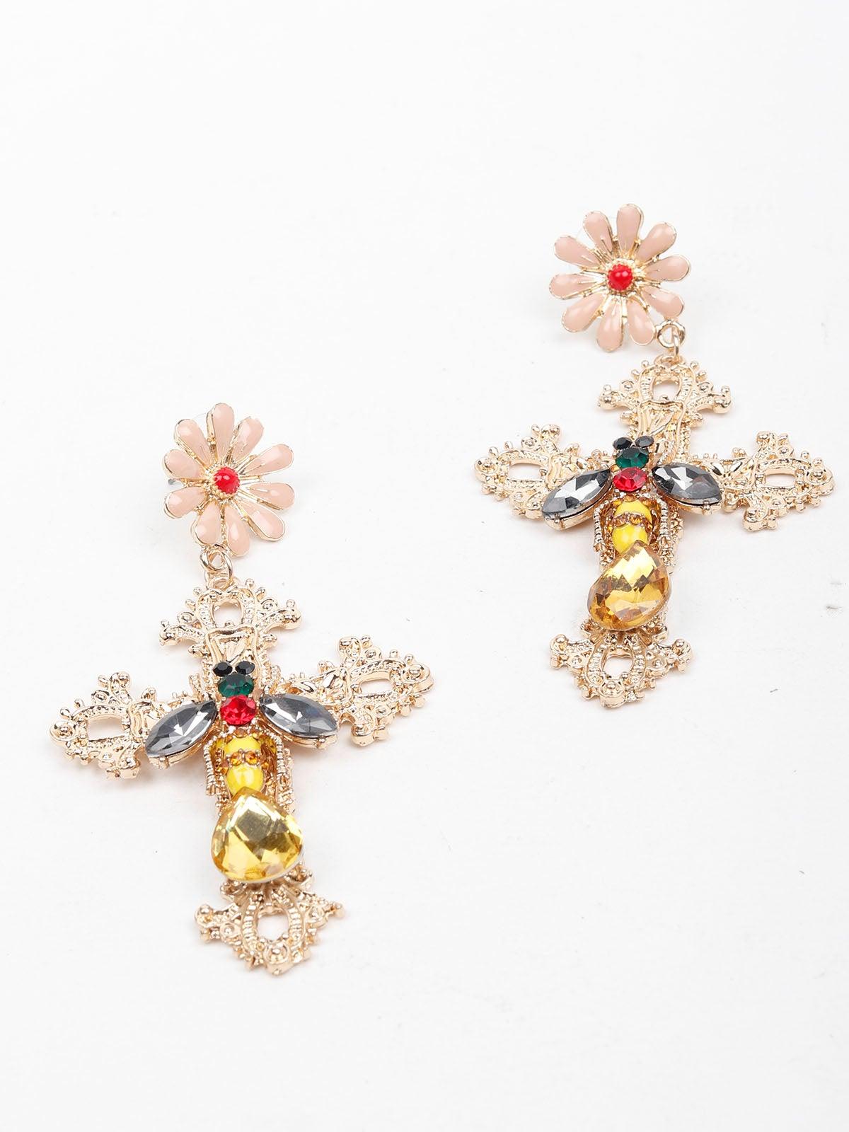 Women's Cross-Shaped Floral Drop Statement Earrings - Odette