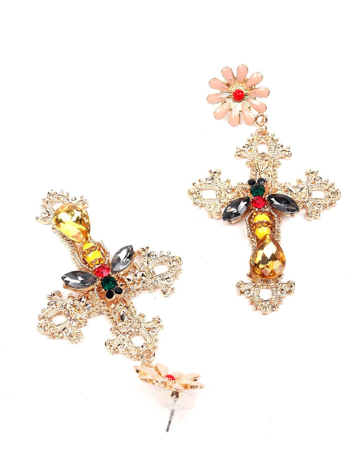 Women's Cross-Shaped Floral Drop Statement Earrings - Odette